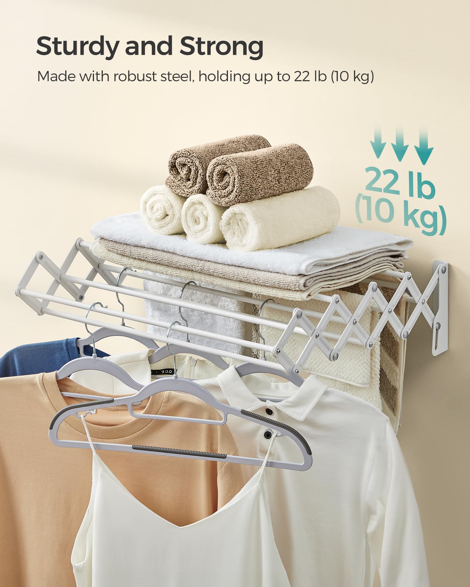 SONGMICS Clothes Drying Rack, Wall-Mounted Drying Rack Clothing, Small Accordion Laundry Rack, 9 Staggered Hanging Rods, Expandable and Retractable, Cloud White ULLR802W01 - Image 5