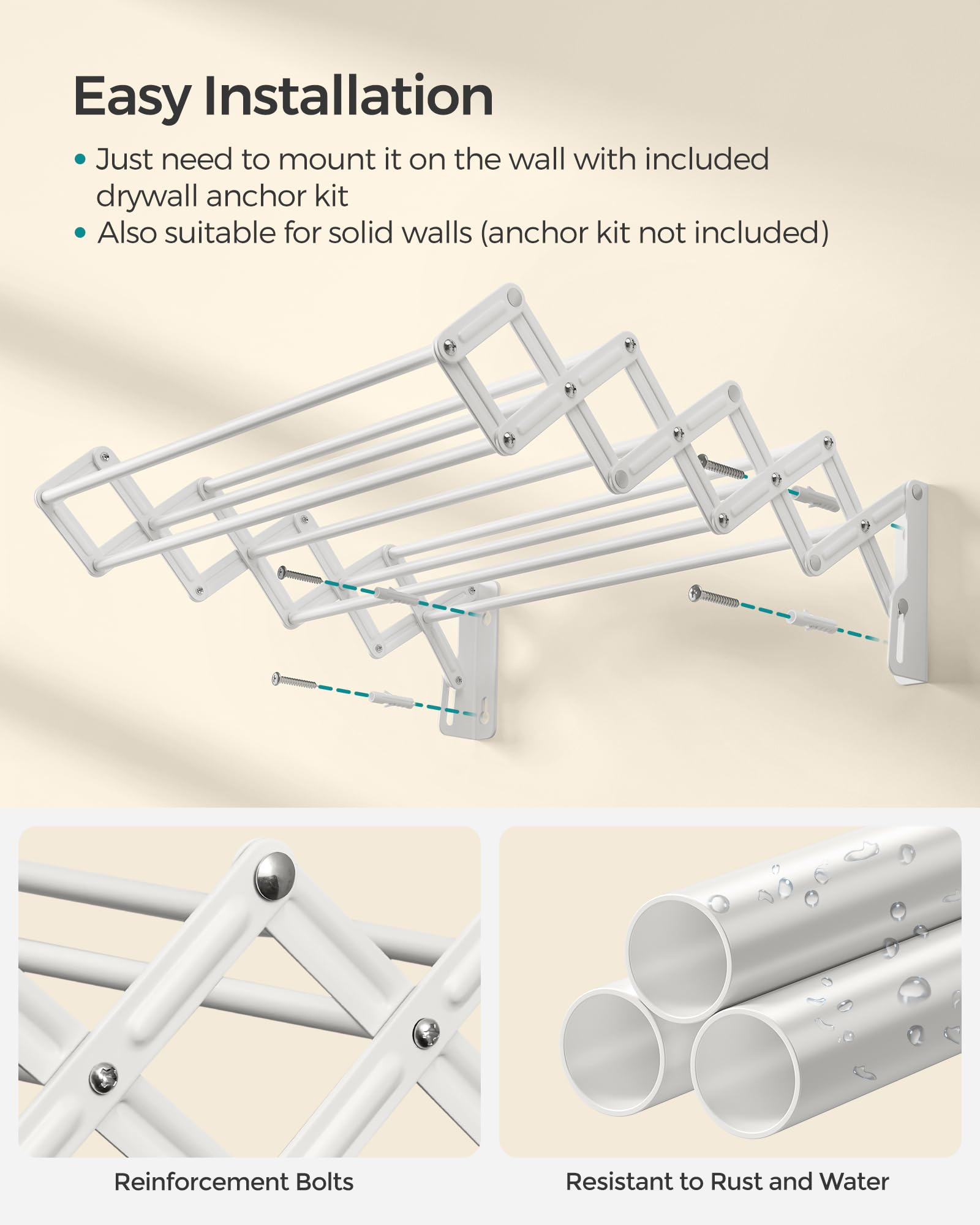 SONGMICS Clothes Drying Rack, Wall-Mounted Drying Rack Clothing, Small Accordion Laundry Rack, 9 Staggered Hanging Rods, Expandable and Retractable, Cloud White ULLR802W01 - Image 7