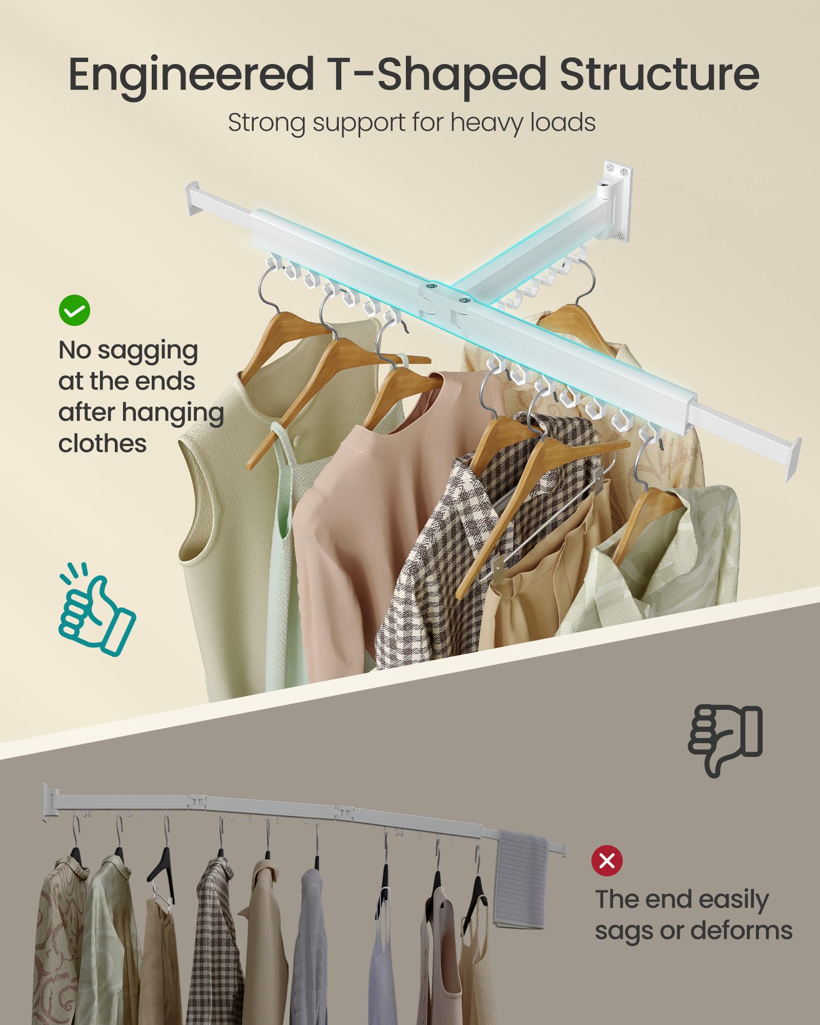 SONGMICS Clothes Drying Rack, Wall-Mounted Laundry Drying Rack, Extendable, Foldable Arms, with 21 Swivel Sliding Hooks, Space-Saving, for Laundry Room, Bathroom, Cloud White ULLR807W01 - Image 4