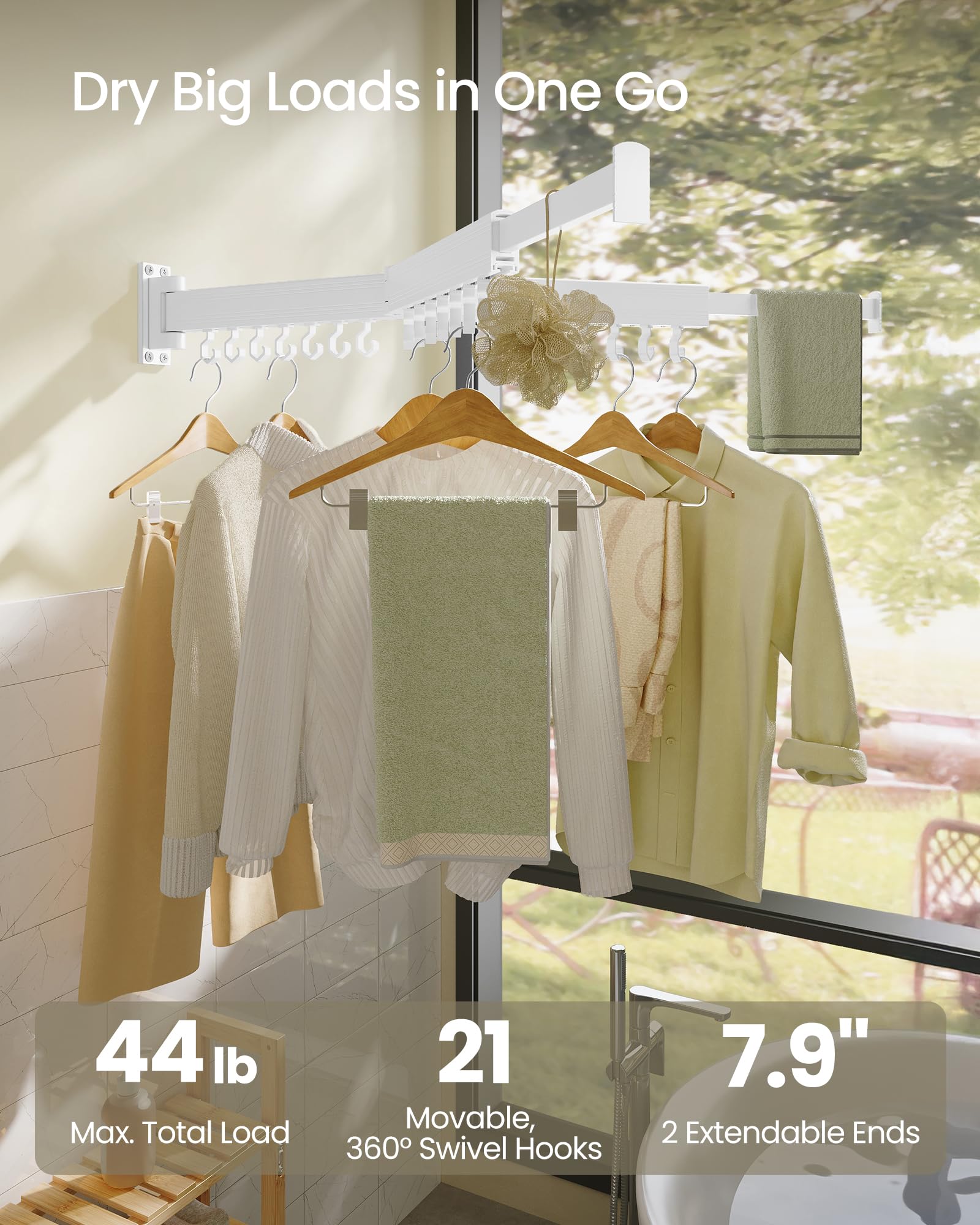 SONGMICS Clothes Drying Rack, Wall-Mounted Laundry Drying Rack, Extendable, Foldable Arms, with 21 Swivel Sliding Hooks, Space-Saving, for Laundry Room, Bathroom, Cloud White ULLR807W01 - Image 5