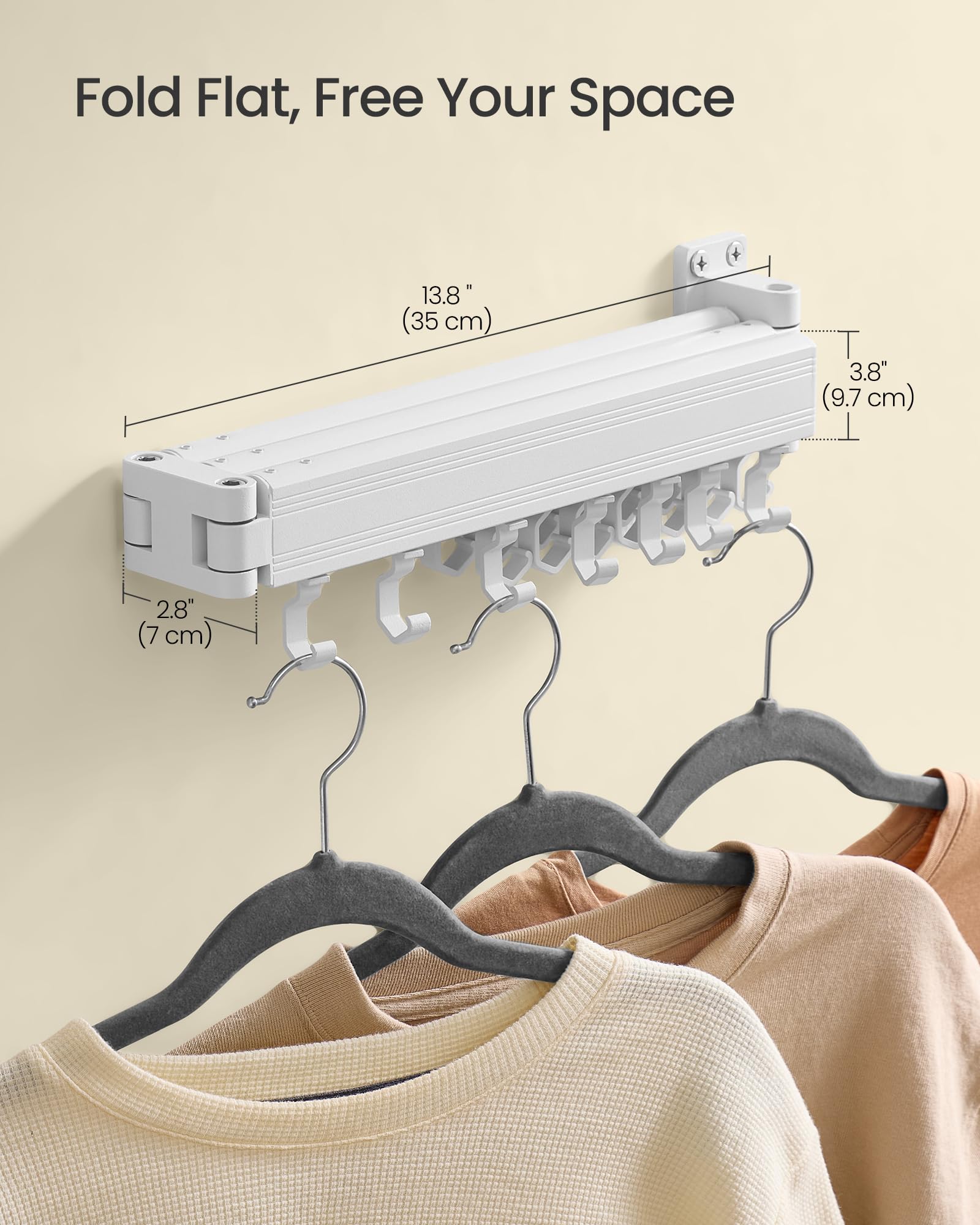 SONGMICS Clothes Drying Rack, Wall-Mounted Laundry Drying Rack, Extendable, Foldable Arms, with 21 Swivel Sliding Hooks, Space-Saving, for Laundry Room, Bathroom, Cloud White ULLR807W01 - Image 6