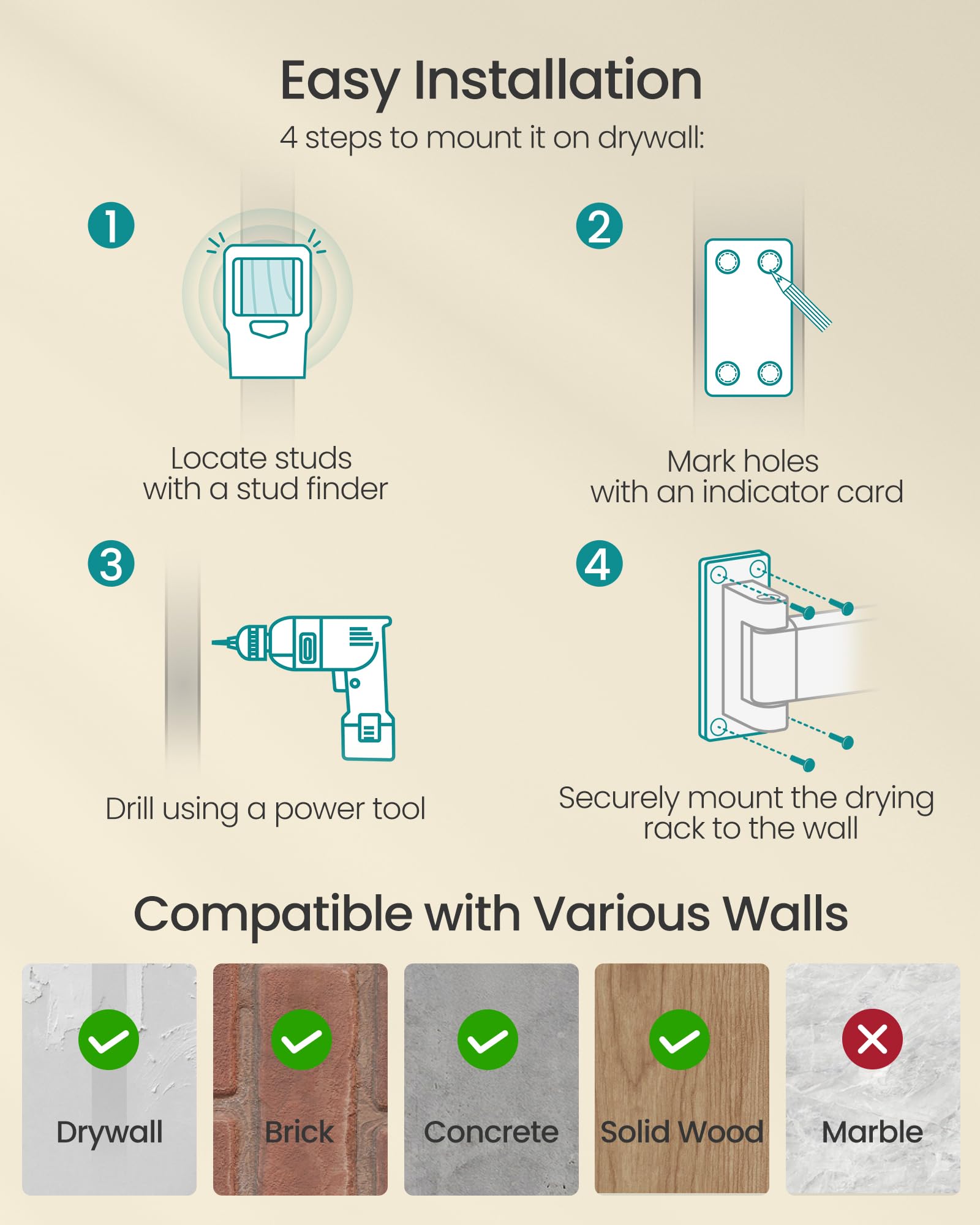 SONGMICS Clothes Drying Rack, Wall-Mounted Laundry Drying Rack, Extendable, Foldable Arms, with 21 Swivel Sliding Hooks, Space-Saving, for Laundry Room, Bathroom, Cloud White ULLR807W01 - Image 8