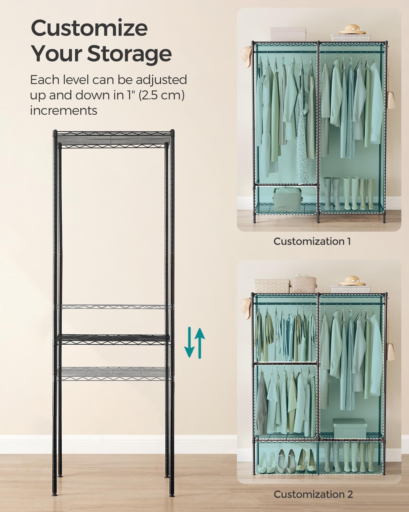 SONGMICS Clothes Rack, Freestanding Wardrobe Closet, Metal Clothing Racks, Heavy-Duty Garment Rack with Adjustable Shelves, Hanging Rods, Dividable, 15.8 x 47.2 x 70.9 Inches, Ink Black ULGR423B01 - Image 5