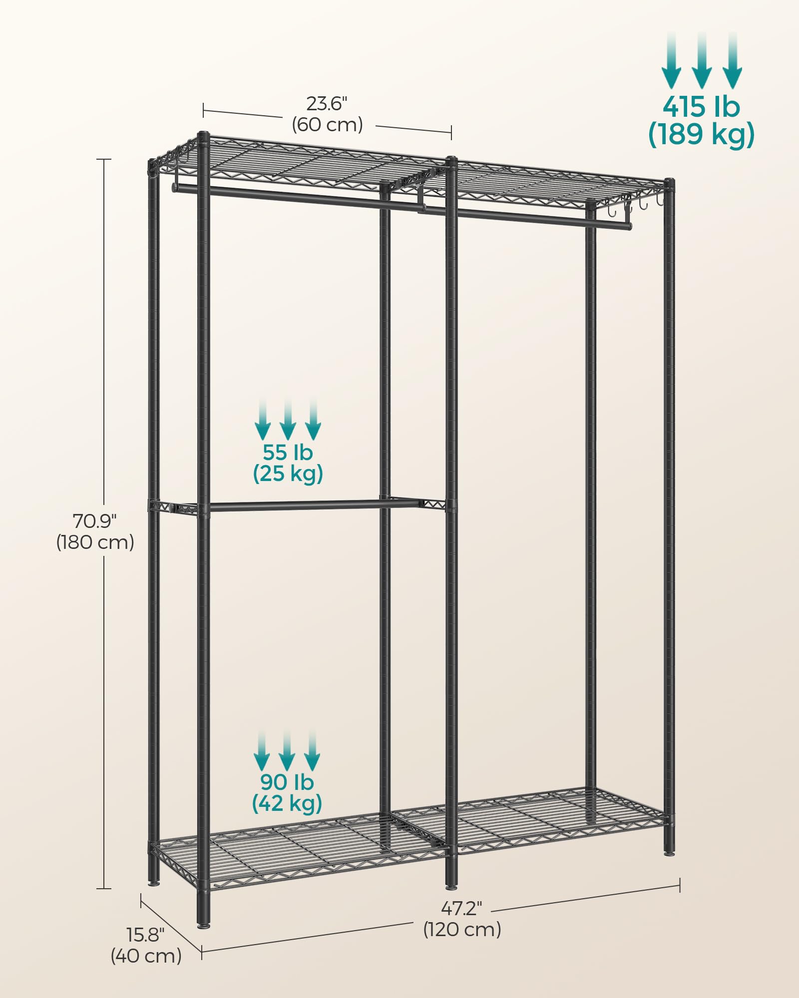 SONGMICS Clothes Rack, Freestanding Wardrobe Closet, Metal Clothing Racks, Heavy-Duty Garment Rack with Adjustable Shelves, Hanging Rods, Dividable, 15.8 x 47.2 x 70.9 Inches, Ink Black ULGR423B01 - Image 6
