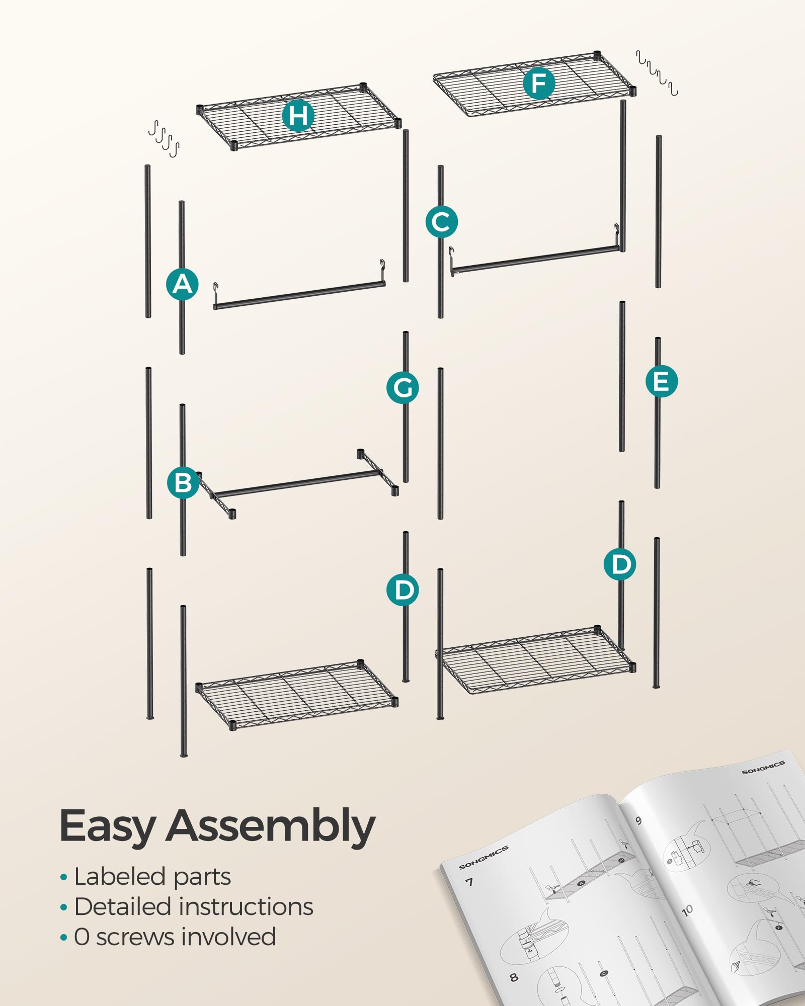 SONGMICS Clothes Rack, Freestanding Wardrobe Closet, Metal Clothing Racks, Heavy-Duty Garment Rack with Adjustable Shelves, Hanging Rods, Dividable, 15.8 x 47.2 x 70.9 Inches, Ink Black ULGR423B01 - Image 8