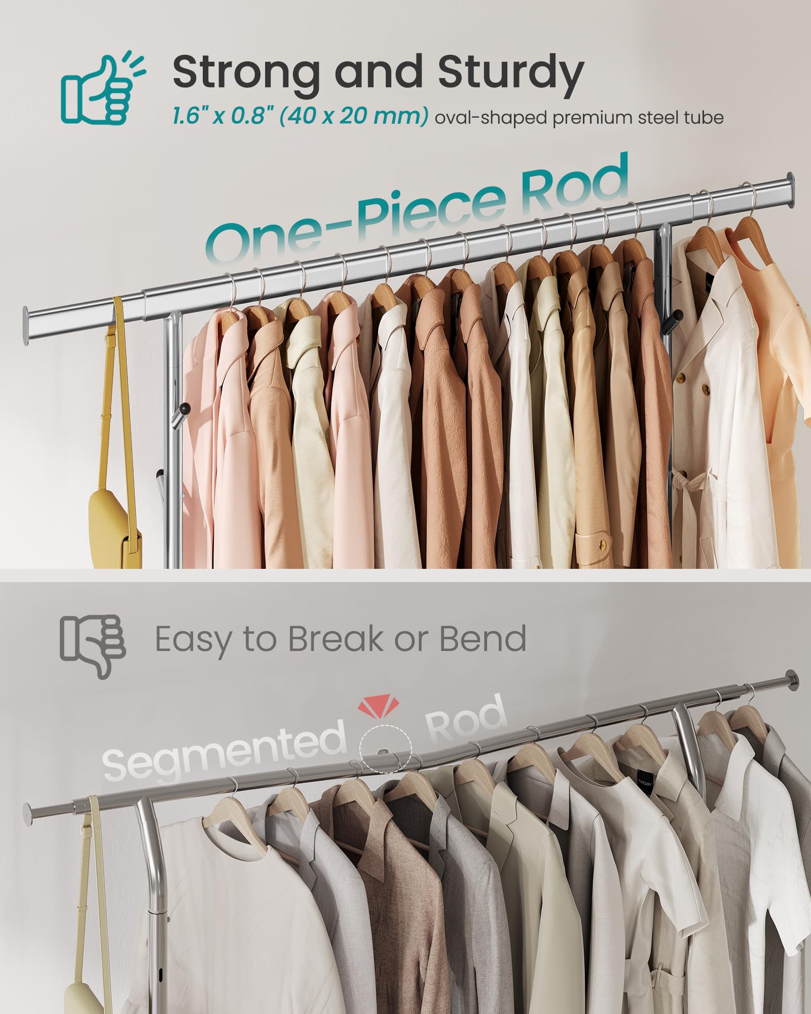 SONGMICS Clothes Rack, Heavy-Duty Rolling Clothing Garment Rack with Wheels, Extendable Hanging Rod and Adjustable Height, Portable, with Shelf and Hooks, Silver UHSR014E01 - Image 3