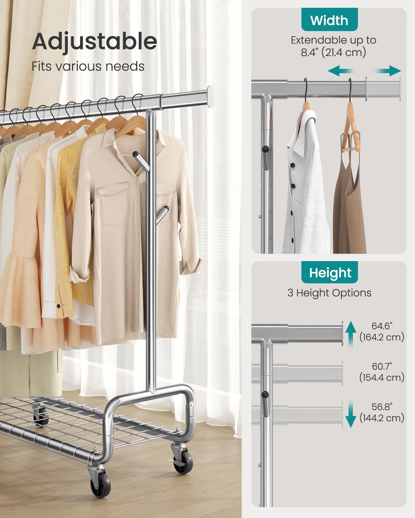 SONGMICS Clothes Rack, Heavy-Duty Rolling Clothing Garment Rack with Wheels, Extendable Hanging Rod and Adjustable Height, Portable, with Shelf and Hooks, Silver UHSR014E01 - Image 4