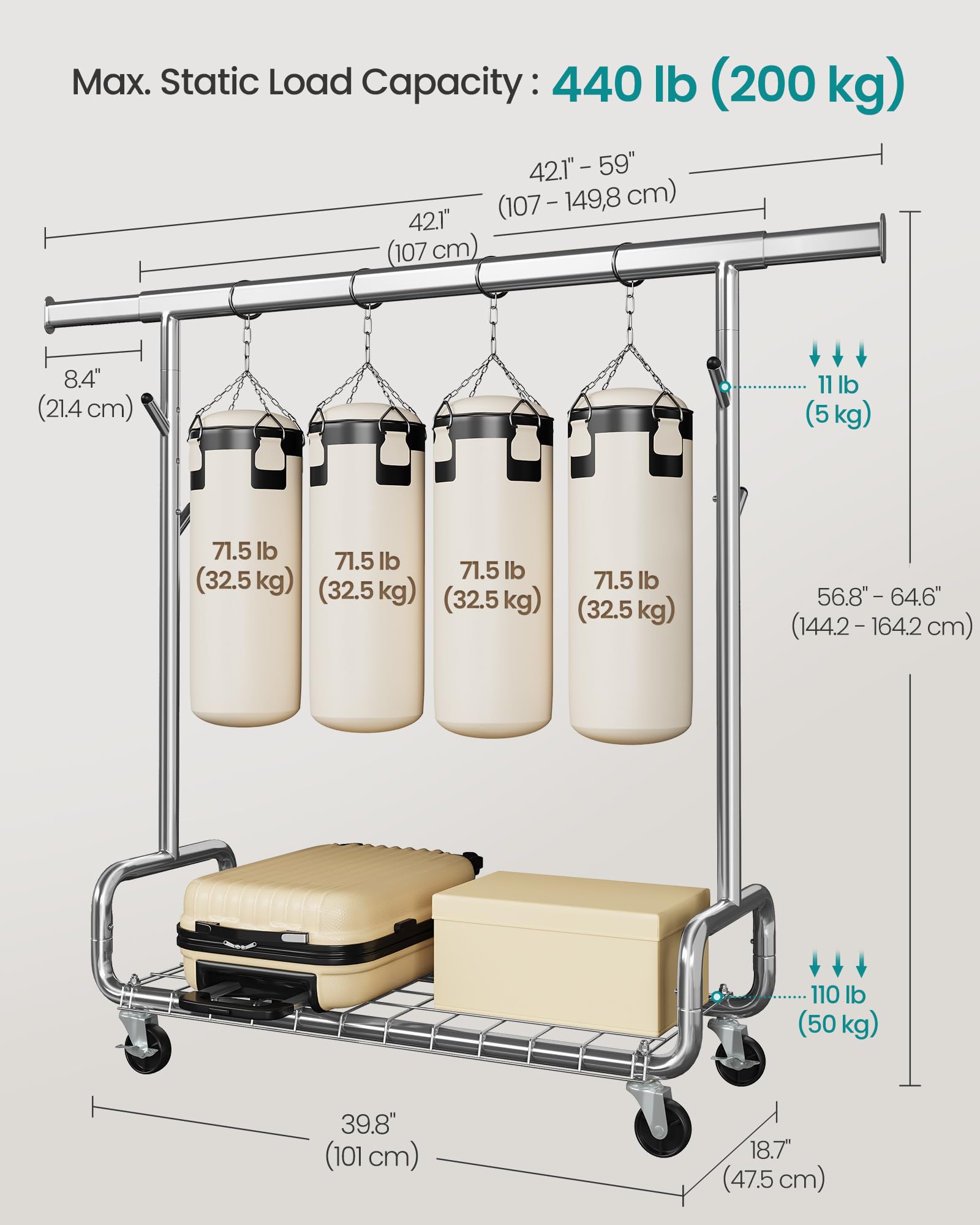 SONGMICS Clothes Rack, Heavy-Duty Rolling Clothing Garment Rack with Wheels, Extendable Hanging Rod and Adjustable Height, Portable, with Shelf and Hooks, Silver UHSR014E01 - Image 5