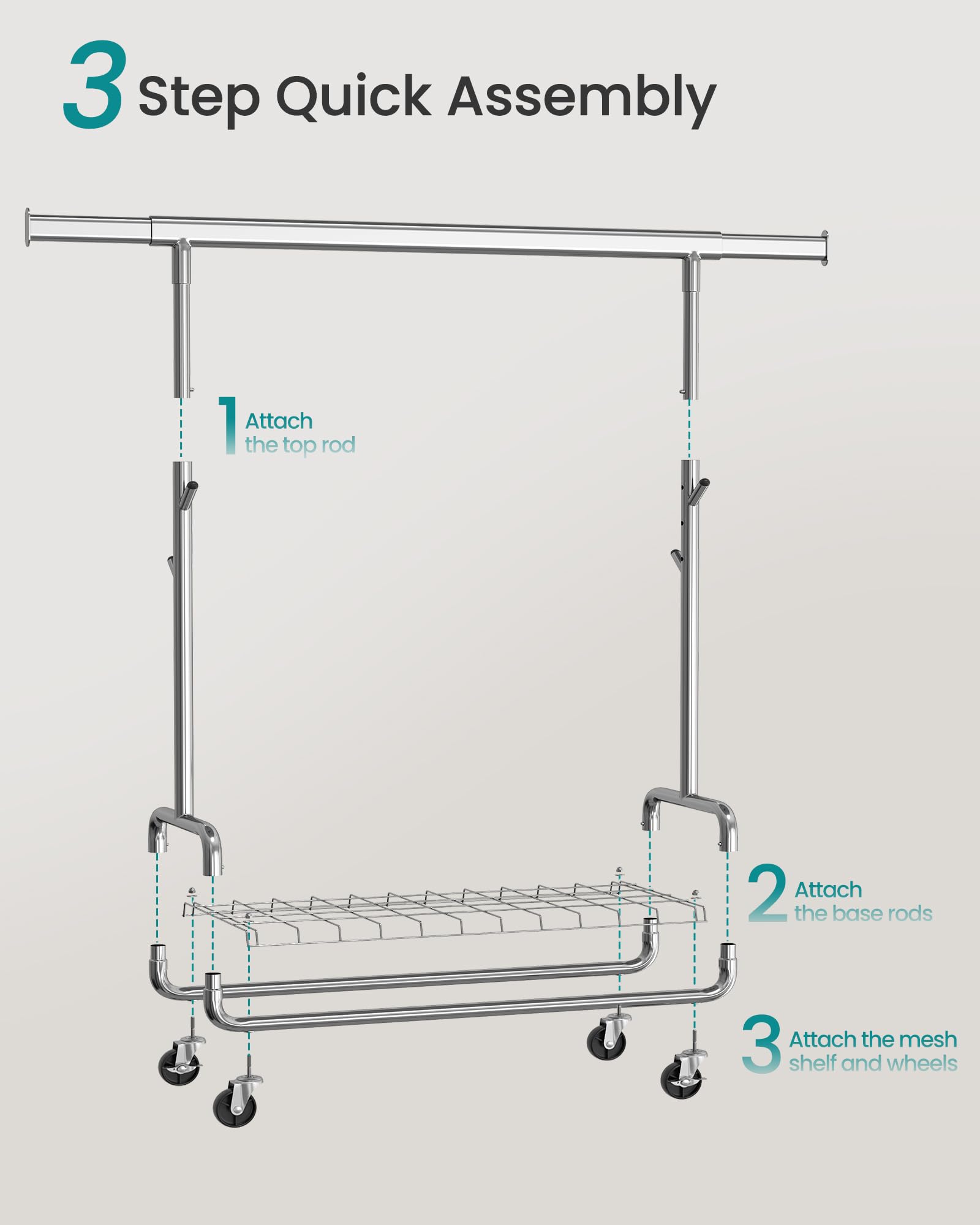 SONGMICS Clothes Rack, Heavy-Duty Rolling Clothing Garment Rack with Wheels, Extendable Hanging Rod and Adjustable Height, Portable, with Shelf and Hooks, Silver UHSR014E01 - Image 6
