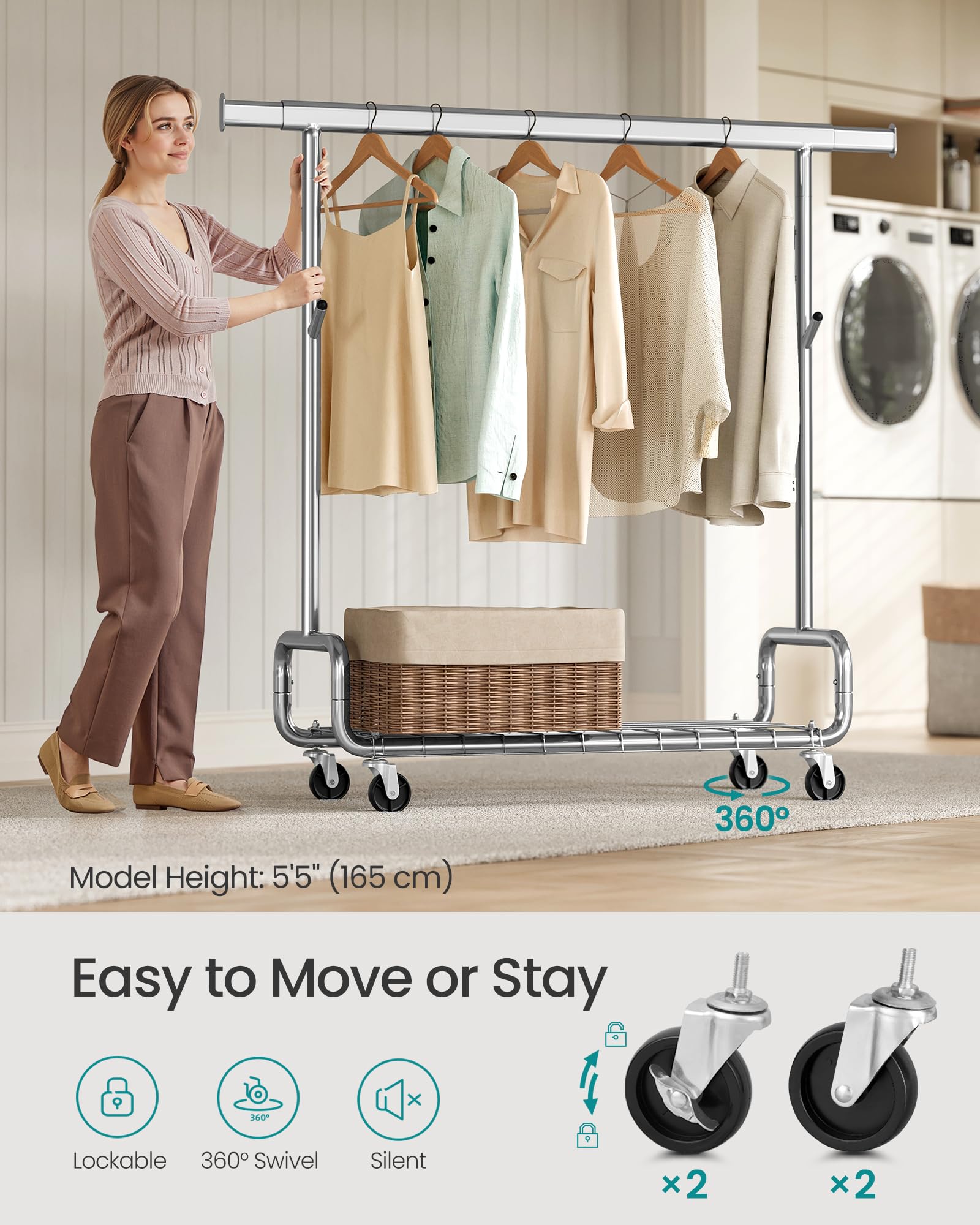 SONGMICS Clothes Rack, Heavy-Duty Rolling Clothing Garment Rack with Wheels, Extendable Hanging Rod and Adjustable Height, Portable, with Shelf and Hooks, Silver UHSR014E01 - Image 7