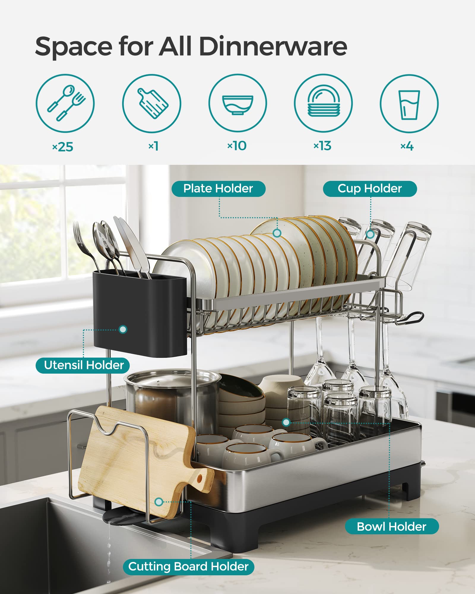 SONGMICS Dish Drying Rack - 2 Tier Dish Rack for Kitchen Counter with Rotatable and Extendable Drain Spout, Dish Drainer with Utensil, Cup, Glass, Cutting Board Holders, Black UKCS032B01 - Image 3