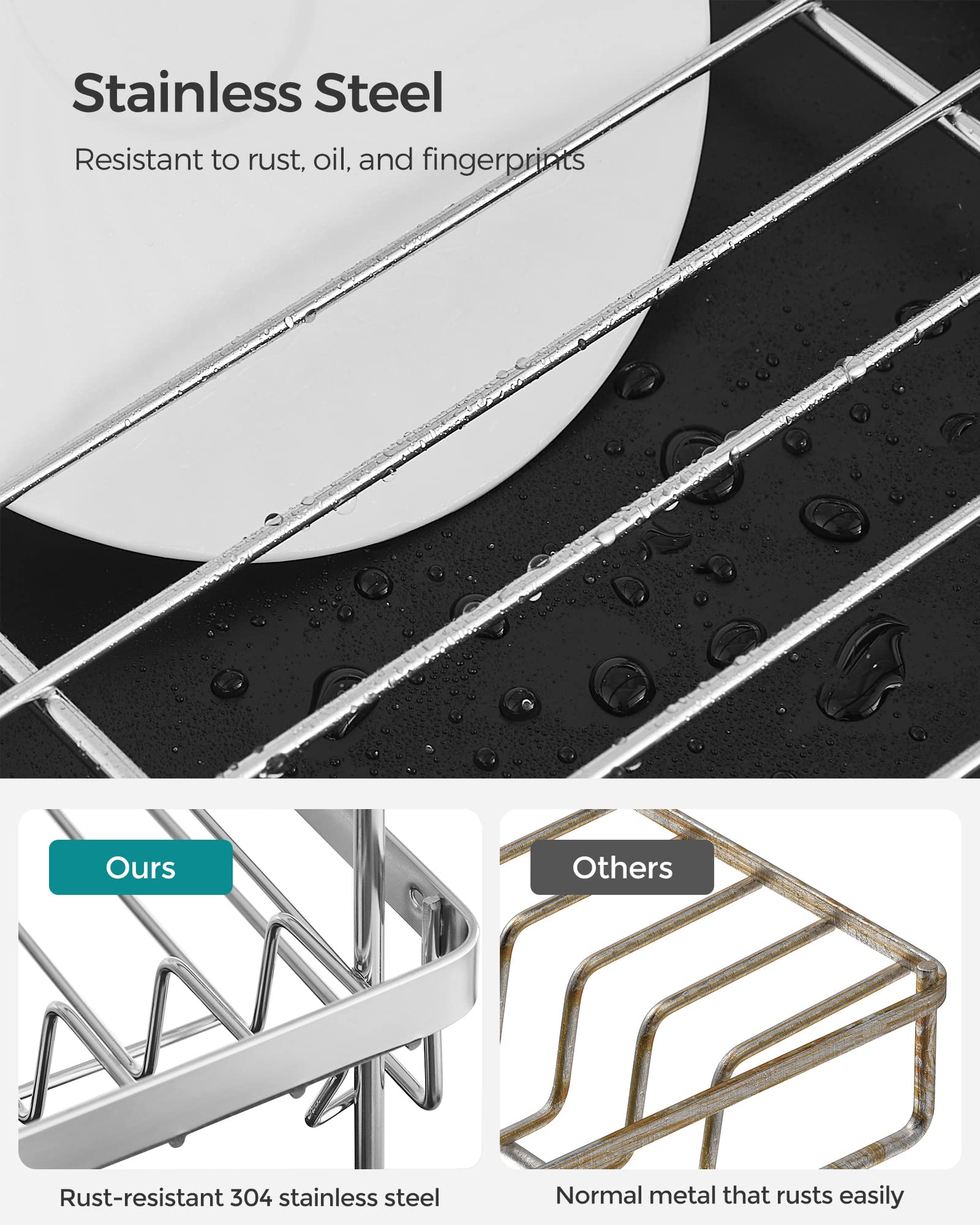 SONGMICS Dish Drying Rack - 2 Tier Dish Rack for Kitchen Counter with Rotatable and Extendable Drain Spout, Dish Drainer with Utensil, Cup, Glass, Cutting Board Holders, Black UKCS032B01 - Image 5