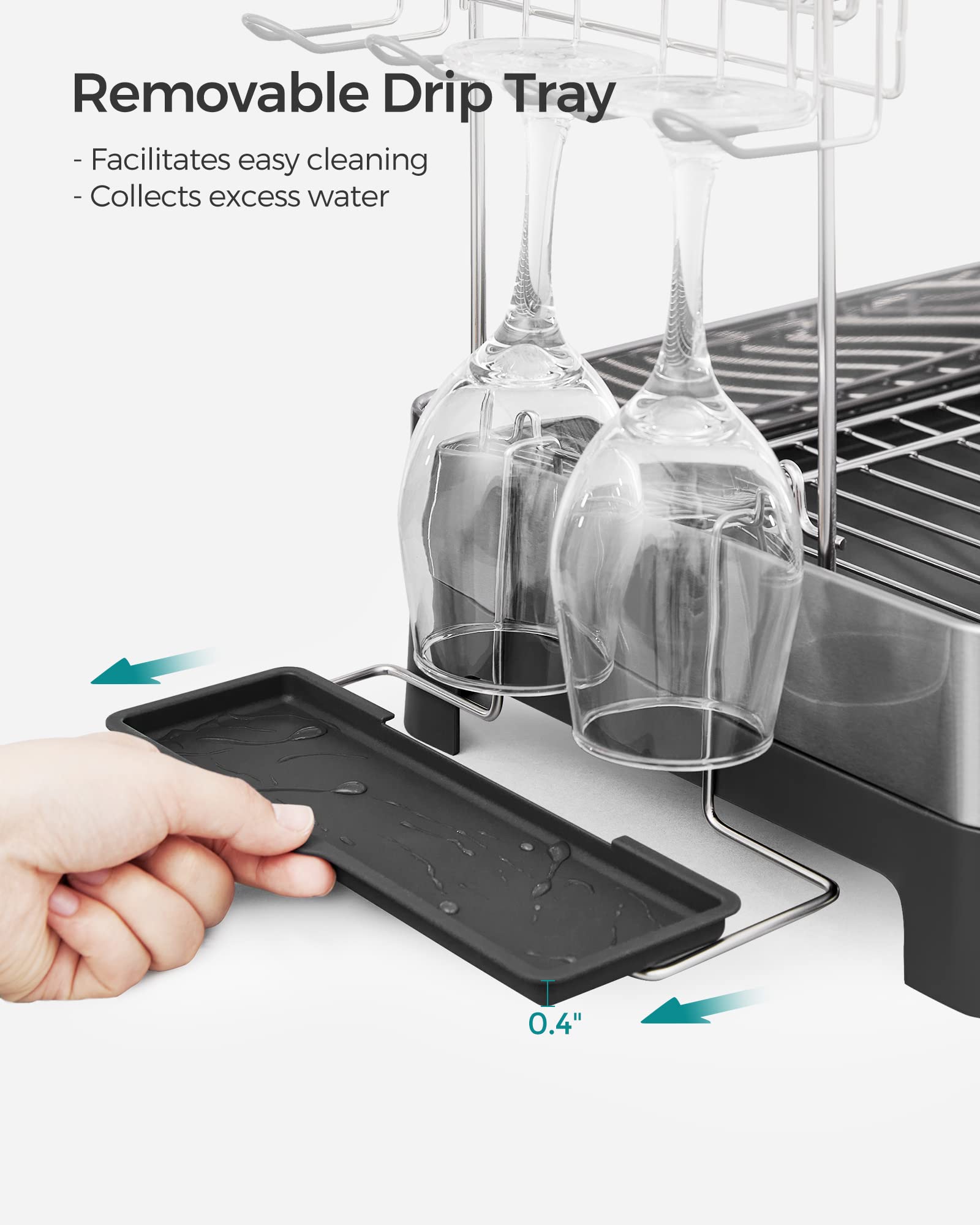 SONGMICS Dish Drying Rack - 2 Tier Dish Rack for Kitchen Counter with Rotatable and Extendable Drain Spout, Dish Drainer with Utensil, Cup, Glass, Cutting Board Holders, Black UKCS032B01 - Image 7