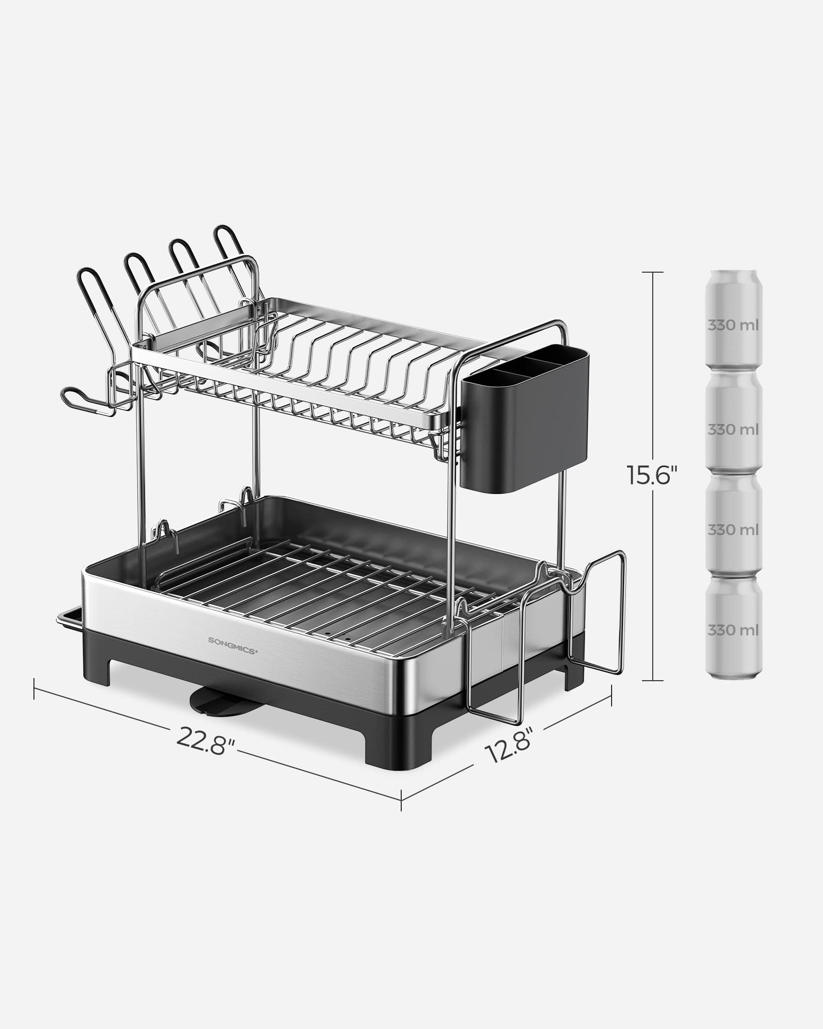 SONGMICS Dish Drying Rack - 2 Tier Dish Rack for Kitchen Counter with Rotatable and Extendable Drain Spout, Dish Drainer with Utensil, Cup, Glass, Cutting Board Holders, Black UKCS032B01 - Image 8