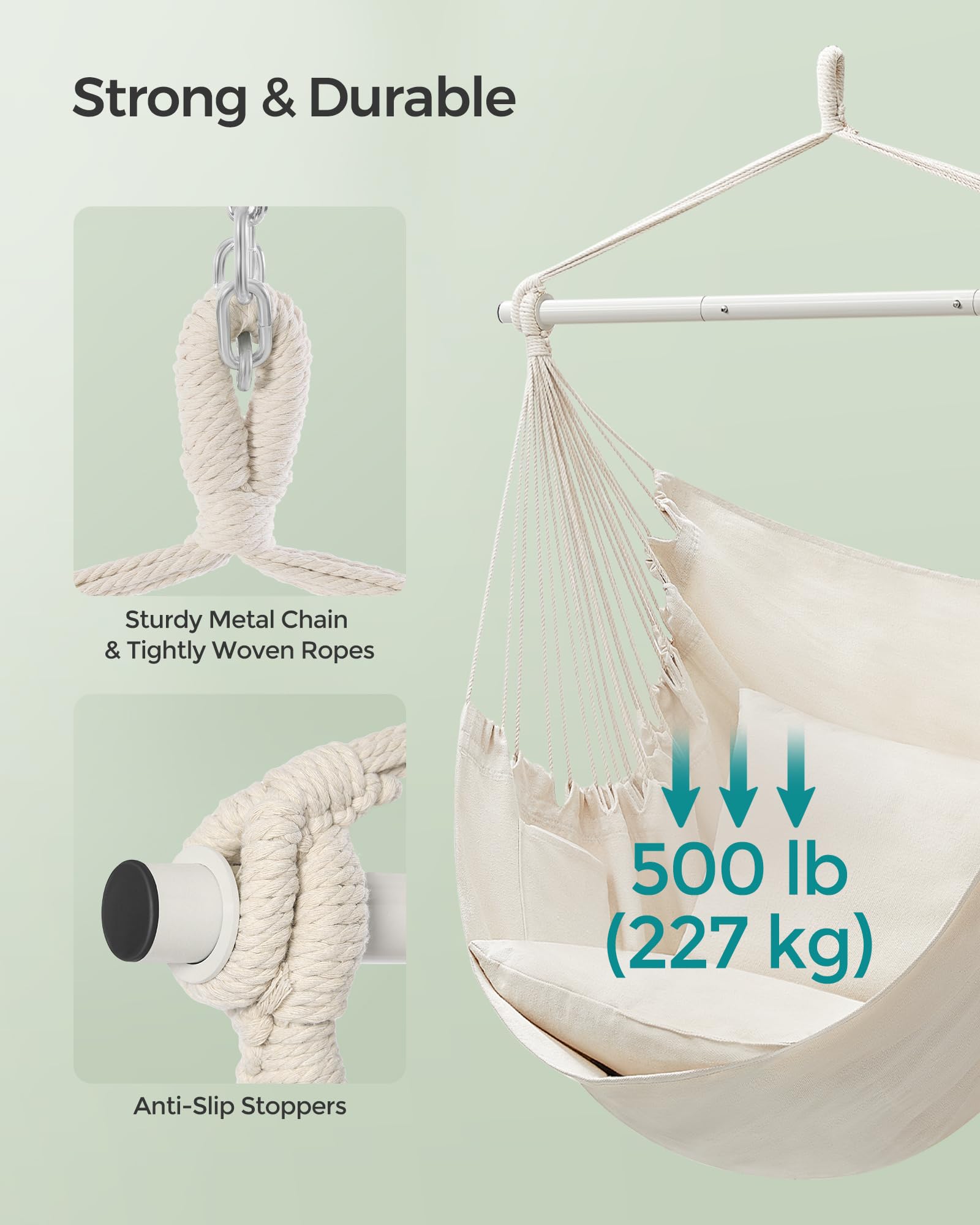 SONGMICS Hammock Chair, Load Capacity 500 lb, Hanging Chair with 2 Cushions, Large Hammock Swing with Chain and Pocket, for Indoor, Outdoor, Living Room, Bedroom, Cream White UGDC197M01 - Image 4