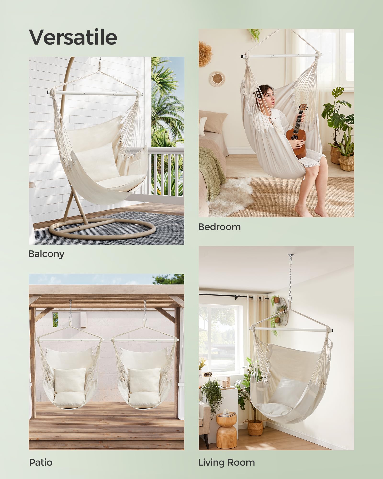 SONGMICS Hammock Chair, Load Capacity 500 lb, Hanging Chair with 2 Cushions, Large Hammock Swing with Chain and Pocket, for Indoor, Outdoor, Living Room, Bedroom, Cream White UGDC197M01 - Image 6