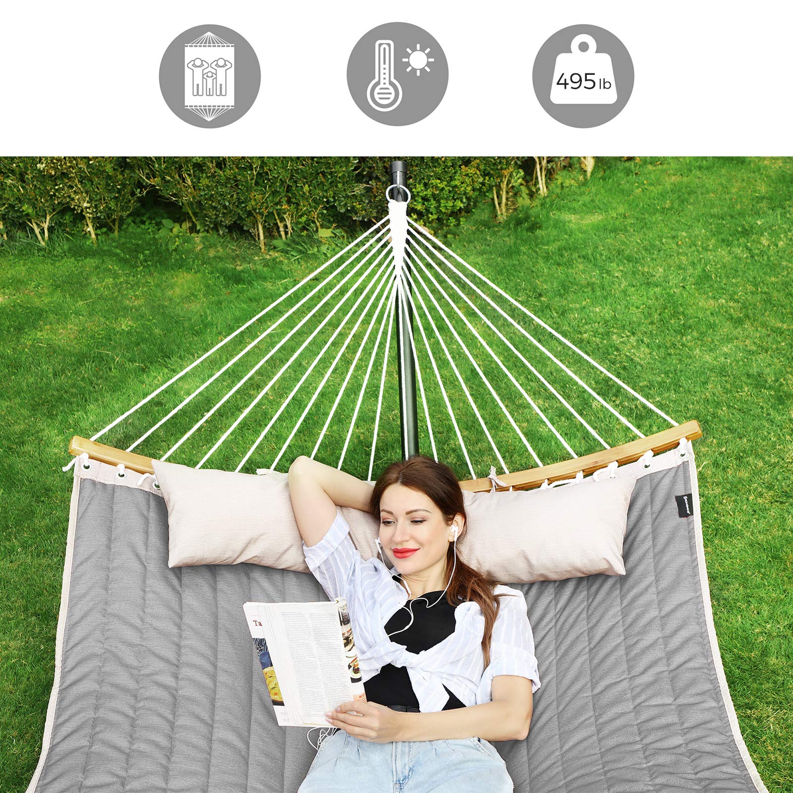 SONGMICS Hammock, Quilted Hammock with Curved Bamboo Spreaders, Pillow, 78.7 x 55.1 Inches, Portable Padded Hammock Holds up to 495 lb, Gray and Beige UGDC34CG - Image 4