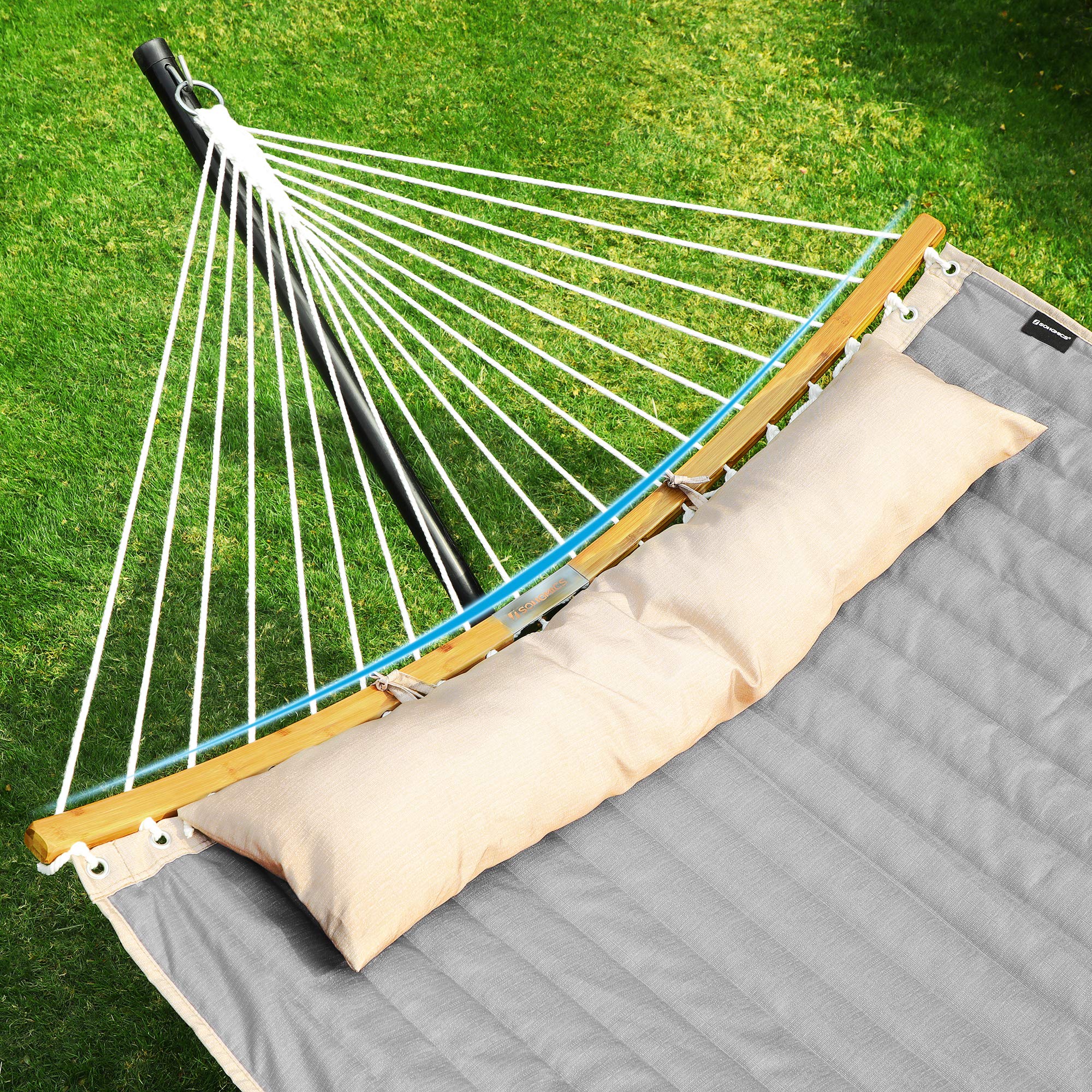 SONGMICS Hammock, Quilted Hammock with Curved Bamboo Spreaders, Pillow, 78.7 x 55.1 Inches, Portable Padded Hammock Holds up to 495 lb, Gray and Beige UGDC34CG - Image 5