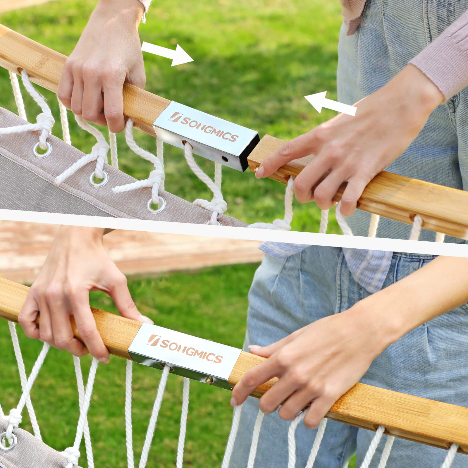 SONGMICS Hammock, Quilted Hammock with Curved Bamboo Spreaders, Pillow, 78.7 x 55.1 Inches, Portable Padded Hammock Holds up to 495 lb, Gray and Beige UGDC34CG - Image 6