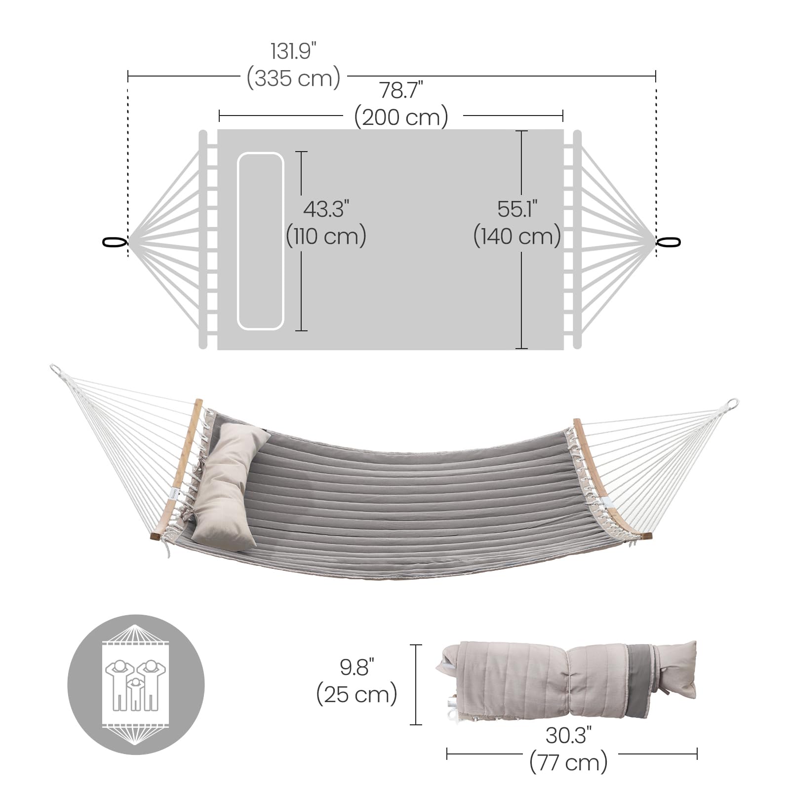 SONGMICS Hammock, Quilted Hammock with Curved Bamboo Spreaders, Pillow, 78.7 x 55.1 Inches, Portable Padded Hammock Holds up to 495 lb, Gray and Beige UGDC34CG - Image 7