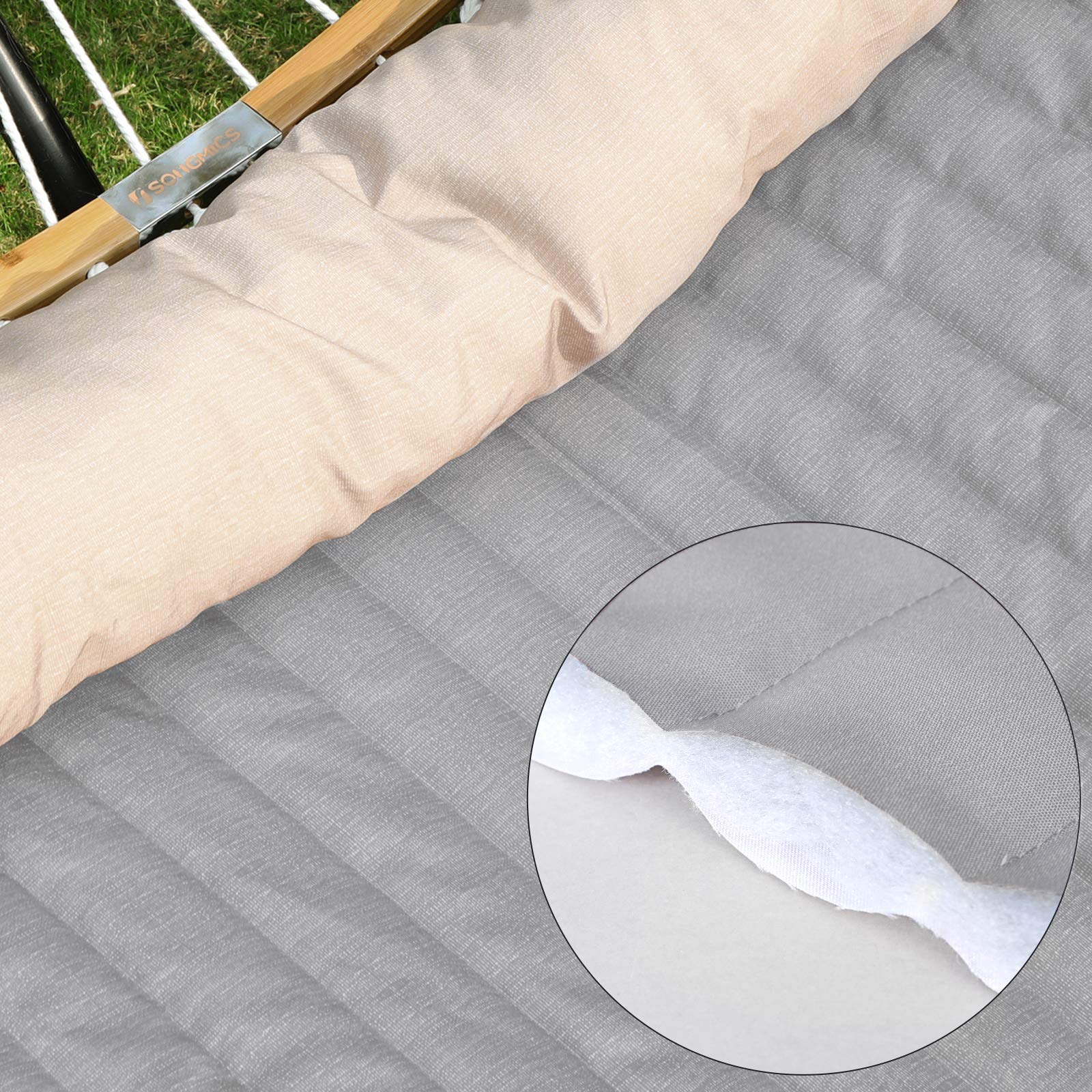 SONGMICS Hammock, Quilted Hammock with Curved Bamboo Spreaders, Pillow, 78.7 x 55.1 Inches, Portable Padded Hammock Holds up to 495 lb, Gray and Beige UGDC34CG - Image 8