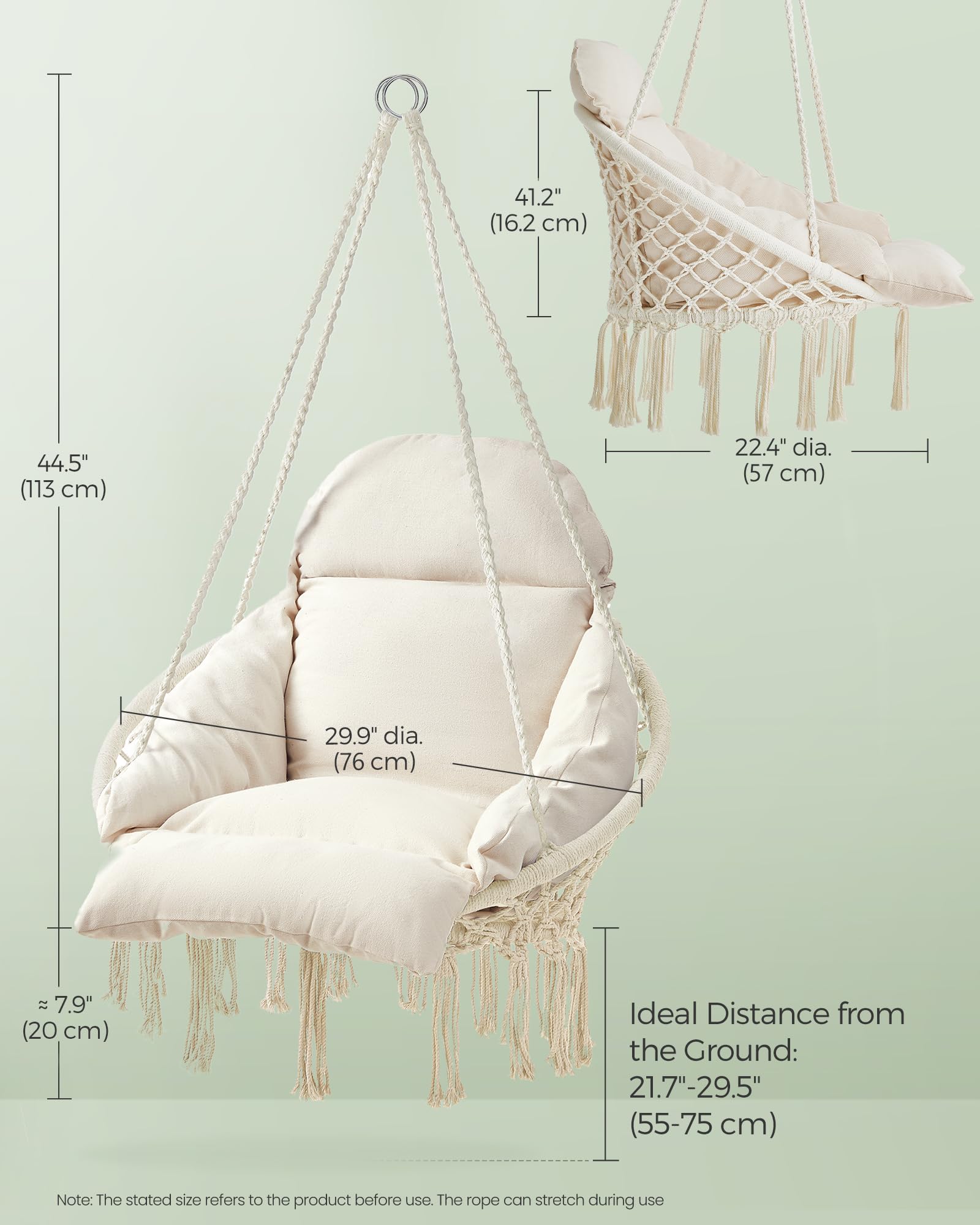 SONGMICS Hanging Chair, Hammock Chair with Large, Thick Cushion, Boho Swing Chair for Bedroom, Patio, Balcony, Garden, Holds up to 264 lb, Accessories Included, Cream White UGDC042M01 - Image 3