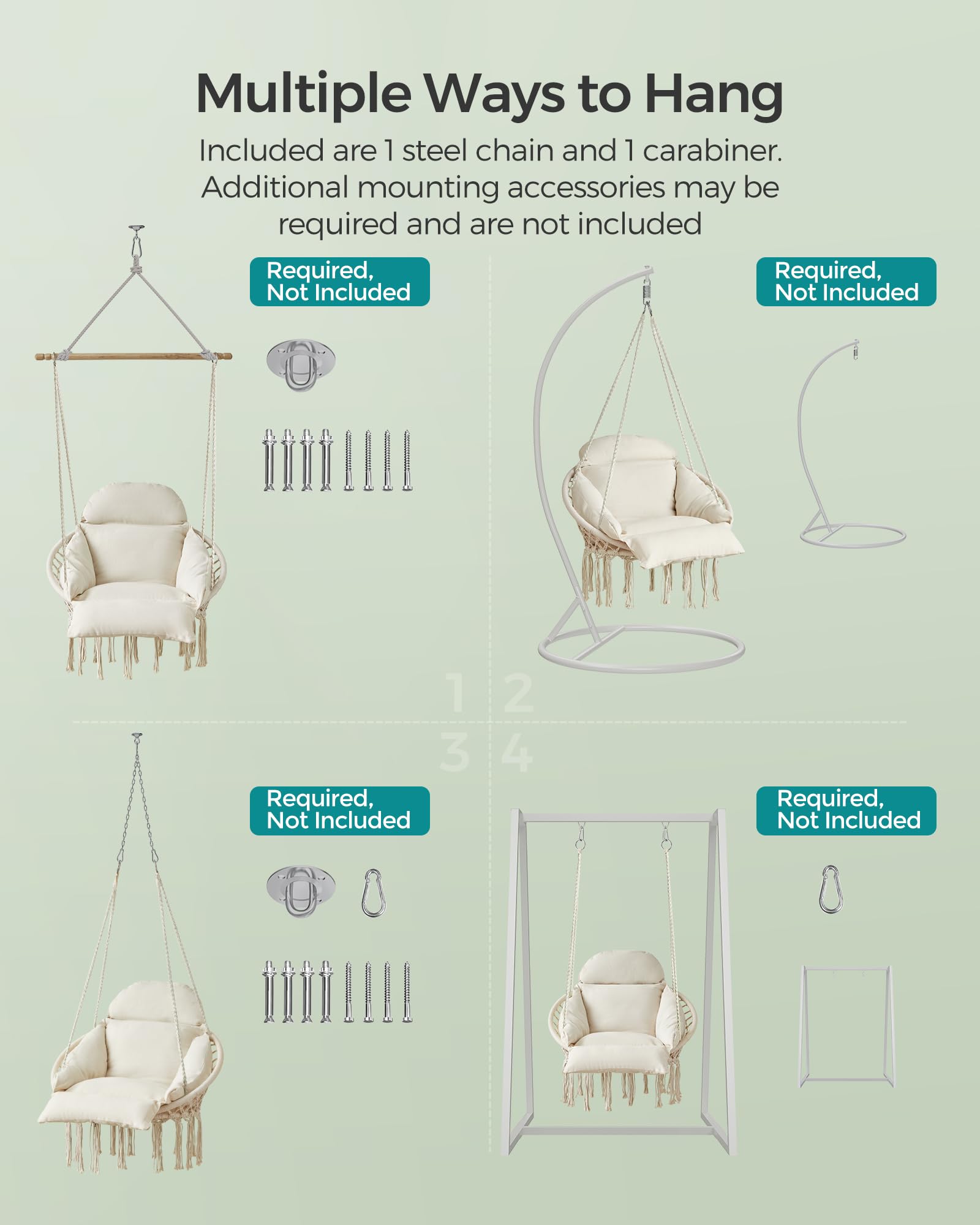 SONGMICS Hanging Chair, Hammock Chair with Large, Thick Cushion, Boho Swing Chair for Bedroom, Patio, Balcony, Garden, Holds up to 264 lb, Accessories Included, Cream White UGDC042M01 - Image 4