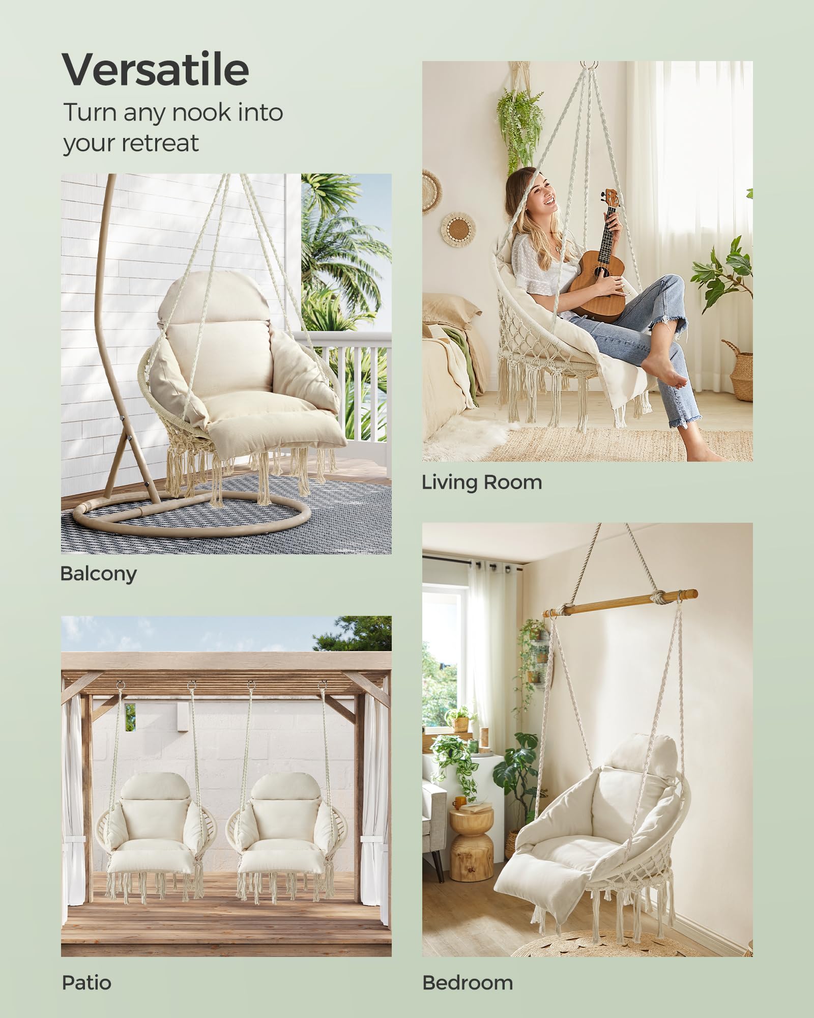 SONGMICS Hanging Chair, Hammock Chair with Large, Thick Cushion, Boho Swing Chair for Bedroom, Patio, Balcony, Garden, Holds up to 264 lb, Accessories Included, Cream White UGDC042M01 - Image 5