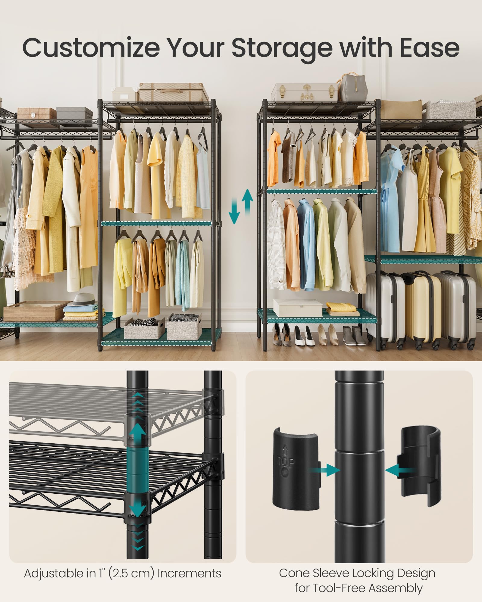 SONGMICS Heavy-Duty Clothes Rack, Garment Rack, Portable Closet, 68.7-Inch Wide Clothing Rack with Adjustable Mesh Shelves and Hanging Rails, Ink Black ULGR433B01 - Image 4