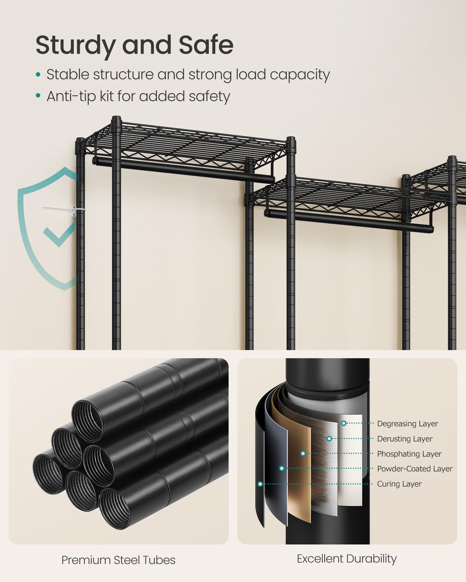 SONGMICS Heavy-Duty Clothes Rack, Garment Rack, Portable Closet, 68.7-Inch Wide Clothing Rack with Adjustable Mesh Shelves and Hanging Rails, Ink Black ULGR433B01 - Image 5