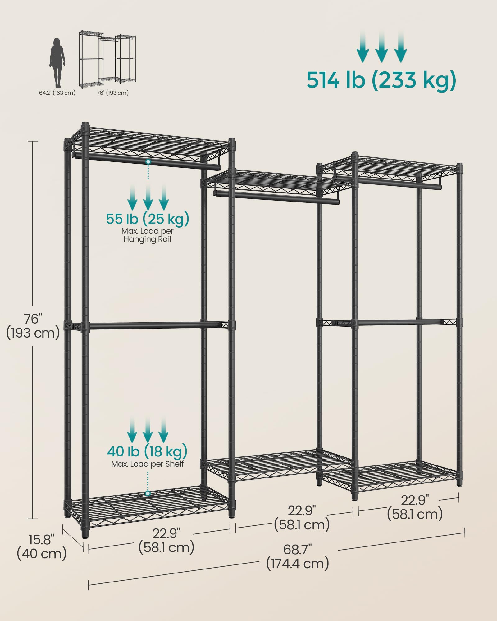 SONGMICS Heavy-Duty Clothes Rack, Garment Rack, Portable Closet, 68.7-Inch Wide Clothing Rack with Adjustable Mesh Shelves and Hanging Rails, Ink Black ULGR433B01 - Image 6
