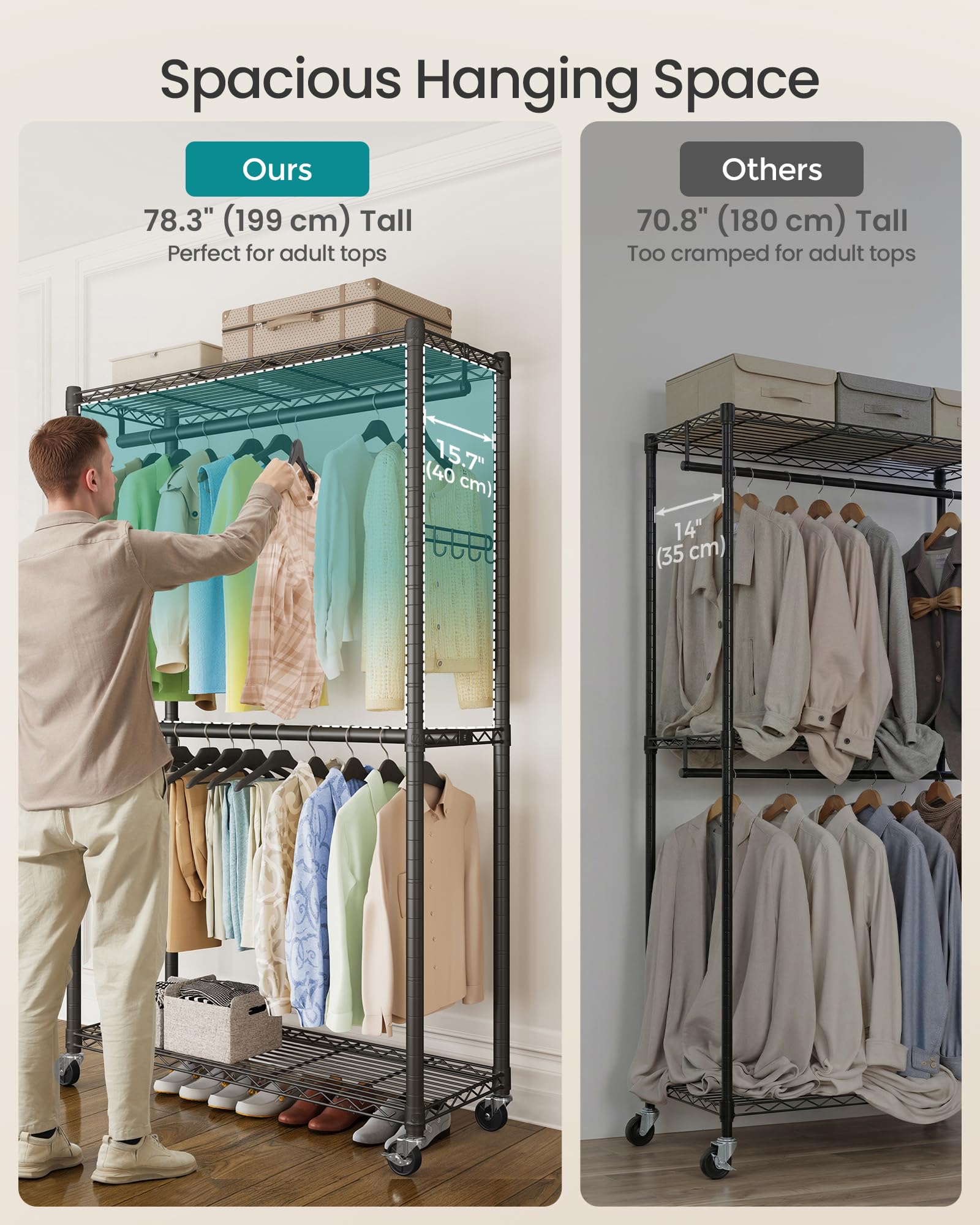 SONGMICS Heavy-Duty Rolling Clothes Rack, Garment Rack, Portable Closet on Wheels, with Adjustable Mesh Shelves and Hanging Rails, Hooks, 15.8 x 43.3 x 78.3 Inches, Ink Black ULGR417BH01 - Image 3