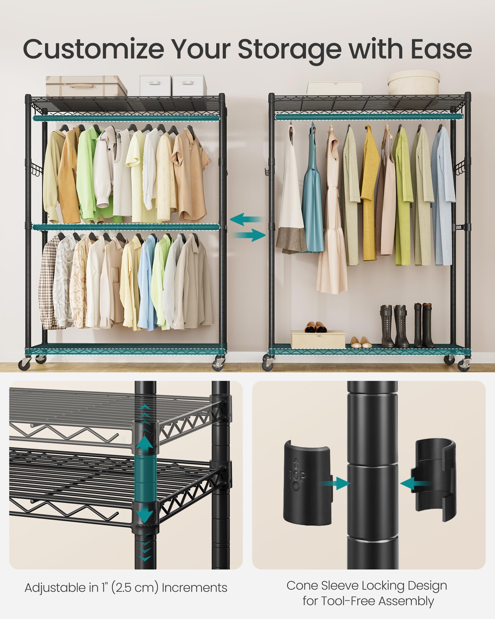 SONGMICS Heavy-Duty Rolling Clothes Rack, Garment Rack, Portable Closet on Wheels, with Adjustable Mesh Shelves and Hanging Rails, Hooks, 15.8 x 43.3 x 78.3 Inches, Ink Black ULGR417BH01 - Image 4