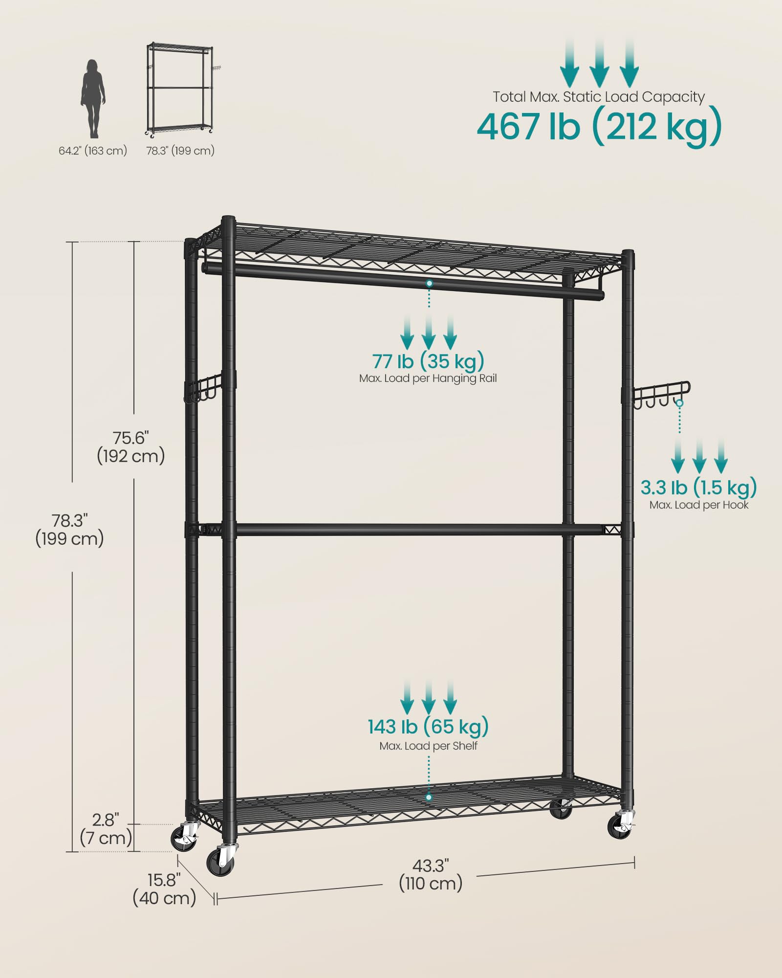 SONGMICS Heavy-Duty Rolling Clothes Rack, Garment Rack, Portable Closet on Wheels, with Adjustable Mesh Shelves and Hanging Rails, Hooks, 15.8 x 43.3 x 78.3 Inches, Ink Black ULGR417BH01 - Image 5