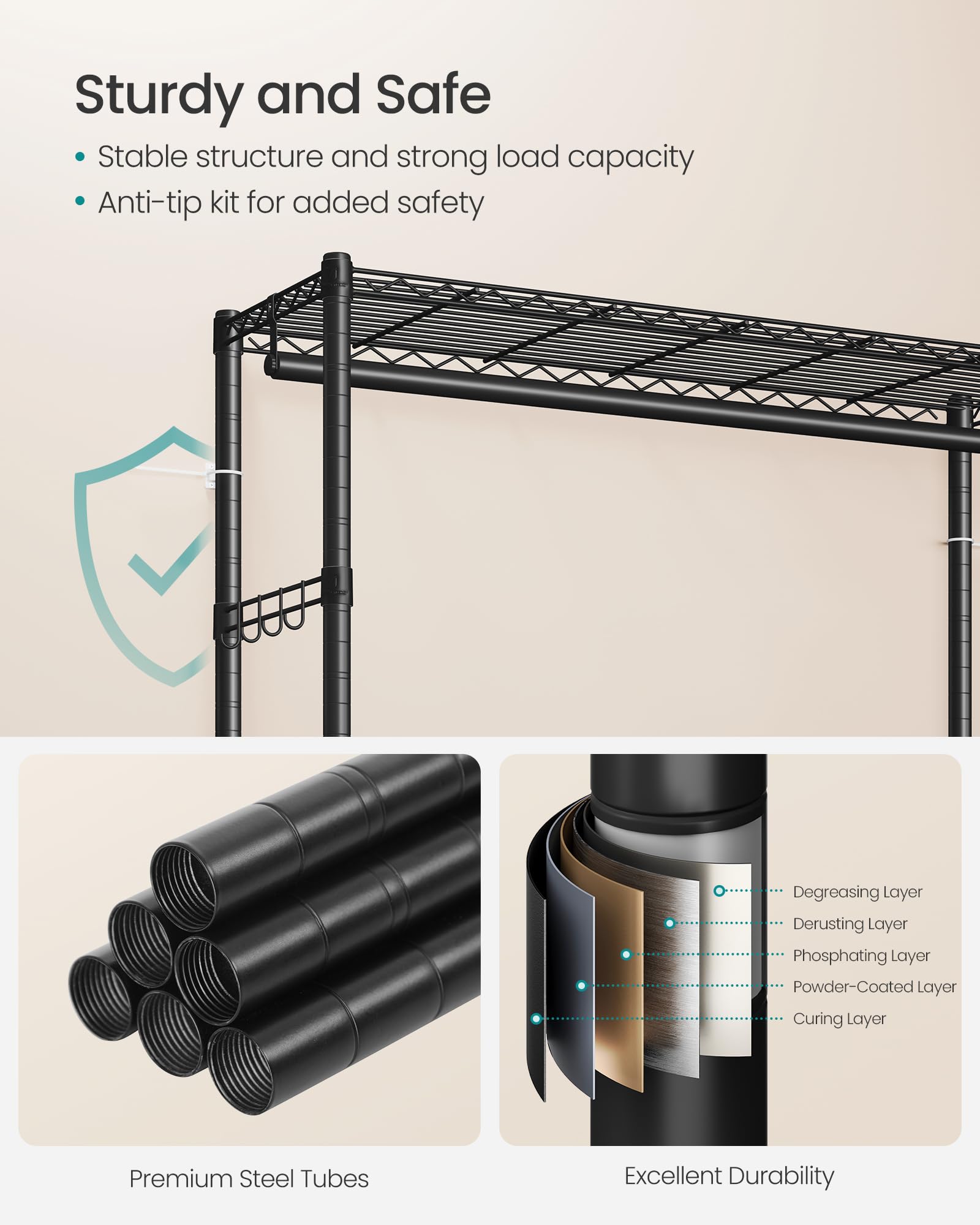 SONGMICS Heavy-Duty Rolling Clothes Rack, Garment Rack, Portable Closet on Wheels, with Adjustable Mesh Shelves and Hanging Rails, Hooks, 15.8 x 43.3 x 78.3 Inches, Ink Black ULGR417BH01 - Image 6