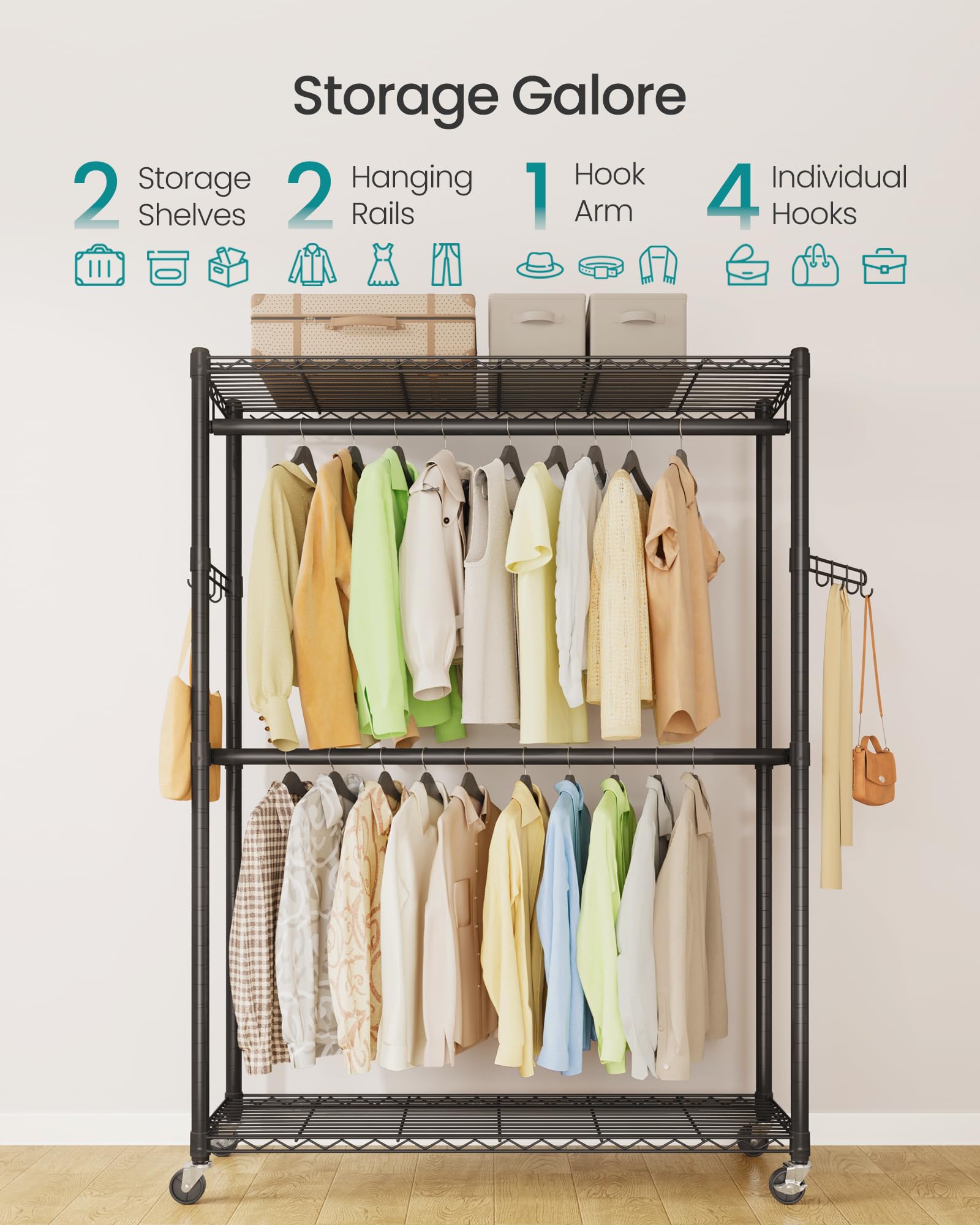 SONGMICS Heavy-Duty Rolling Clothes Rack, Garment Rack, Portable Closet on Wheels, with Adjustable Mesh Shelves and Hanging Rails, Hooks, 15.8 x 43.3 x 78.3 Inches, Ink Black ULGR417BH01 - Image 7