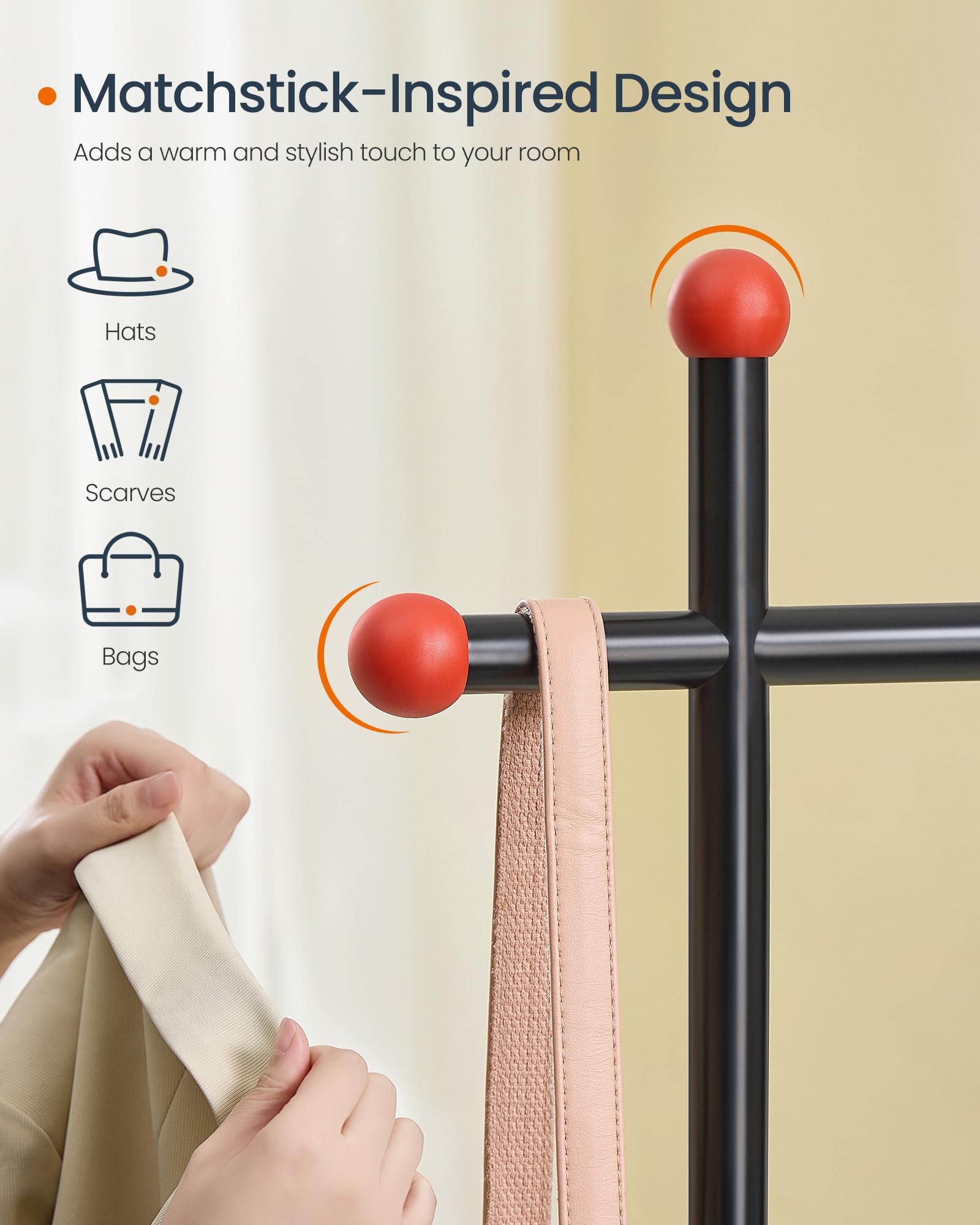 SONGMICS HOME Clothes Rack, Clothing Rack on Wheels, Portable Garment Rack, with 1 Clothes Hanging Rail, Matchstick-Shaped Hooks, Ink Black UHSR170B01 - Image 3