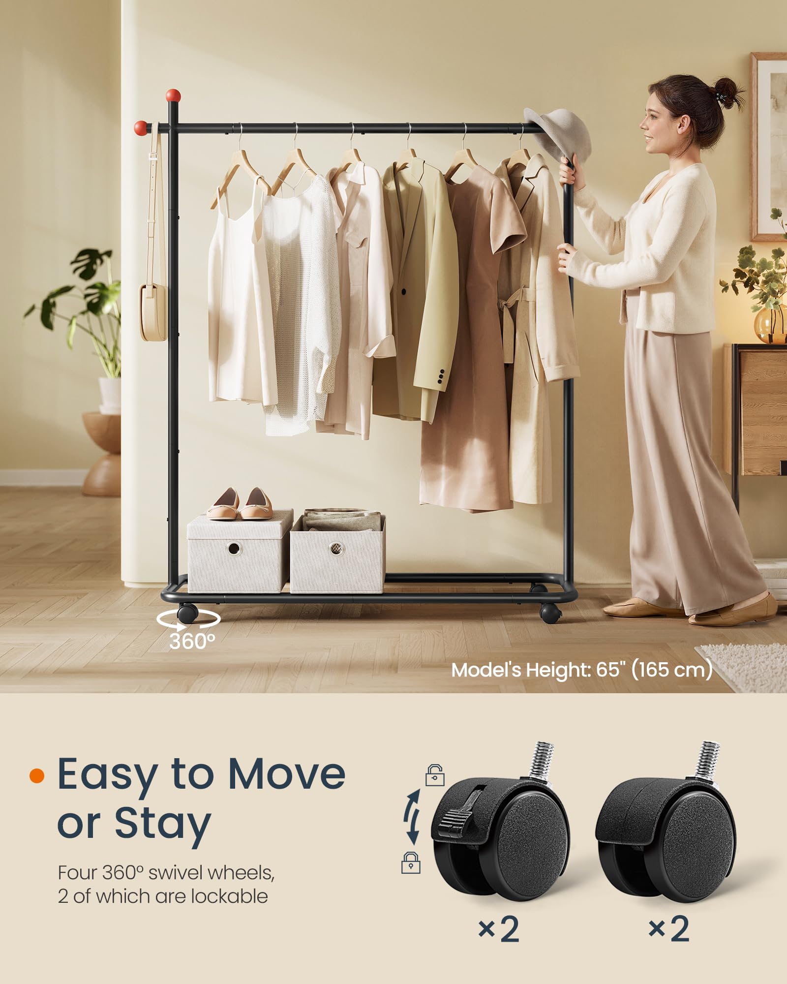 SONGMICS HOME Clothes Rack, Clothing Rack on Wheels, Portable Garment Rack, with 1 Clothes Hanging Rail, Matchstick-Shaped Hooks, Ink Black UHSR170B01 - Image 4