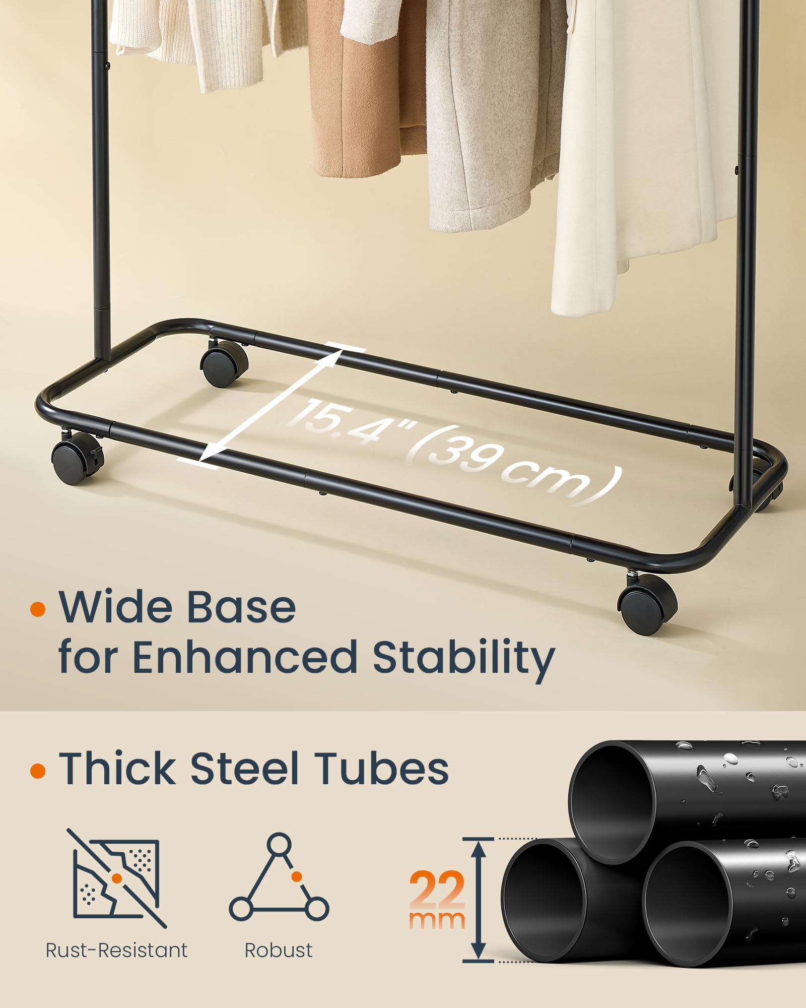 SONGMICS HOME Clothes Rack, Clothing Rack on Wheels, Portable Garment Rack, with 1 Clothes Hanging Rail, Matchstick-Shaped Hooks, Ink Black UHSR170B01 - Image 5