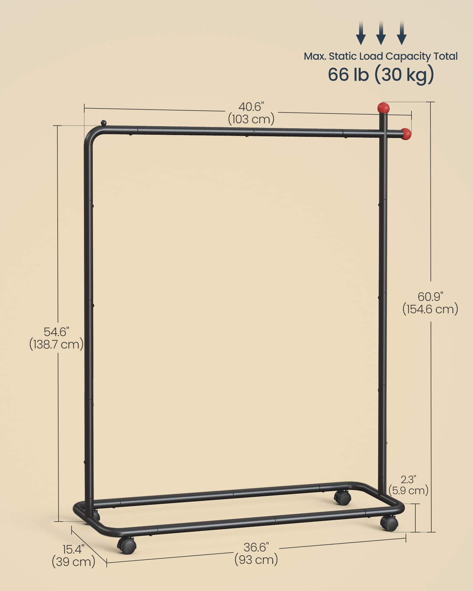 SONGMICS HOME Clothes Rack, Clothing Rack on Wheels, Portable Garment Rack, with 1 Clothes Hanging Rail, Matchstick-Shaped Hooks, Ink Black UHSR170B01 - Image 6