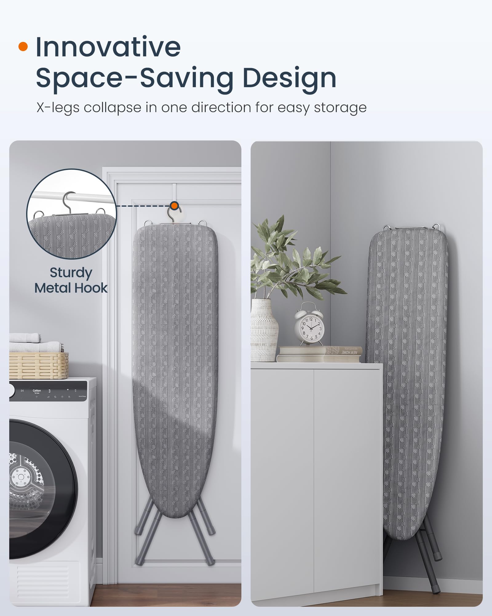 SONGMICS Ironing Board, Foldable Iron Board, Height Adjustable up to 35 Inches, with 4 Layered Cover and Pad, Iron Rest, Hook, Steel X-Legs, for Home, Laundry Room, Dorm, Dove Gray ULLB001G01 - Image 3