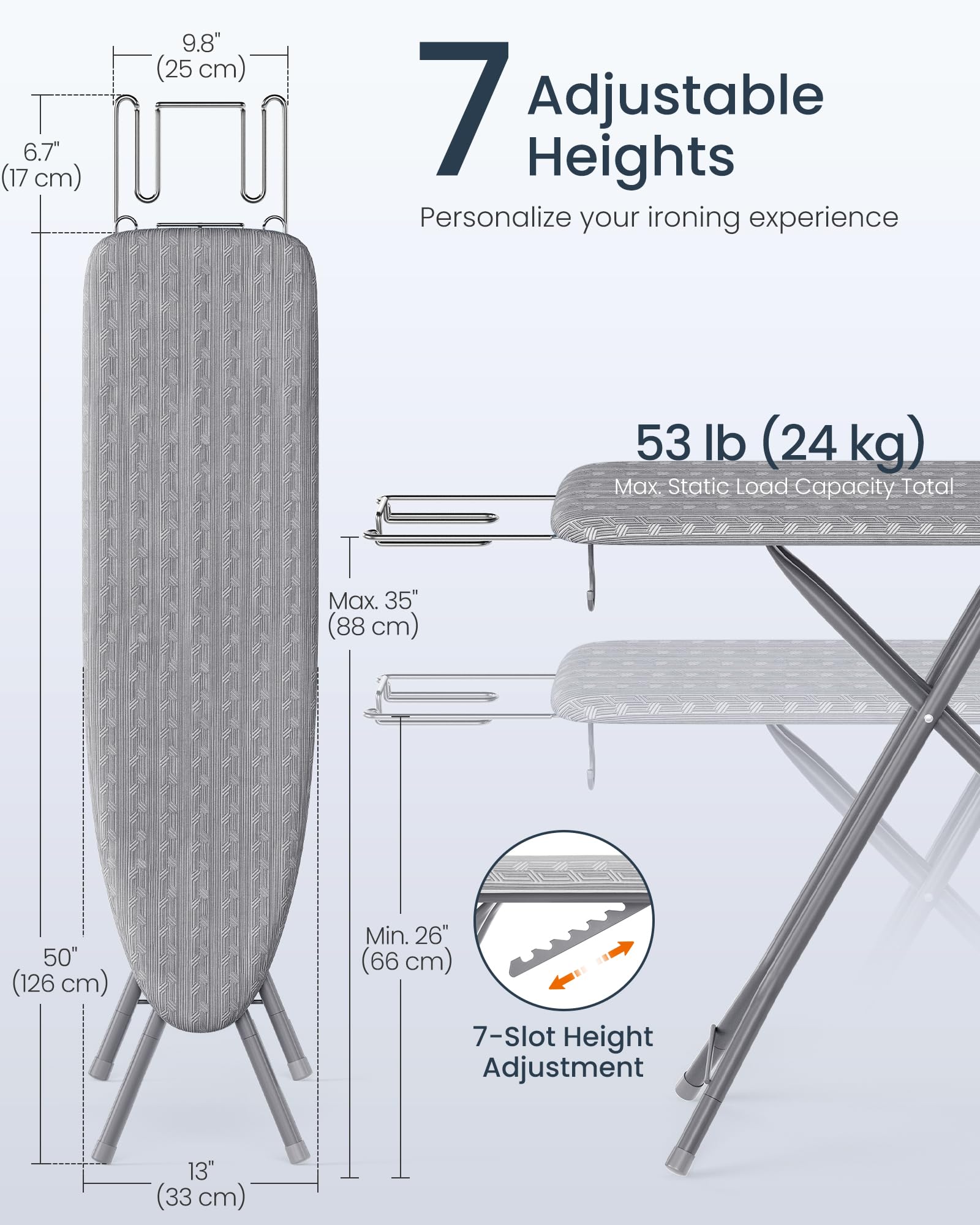 SONGMICS Ironing Board, Foldable Iron Board, Height Adjustable up to 35 Inches, with 4 Layered Cover and Pad, Iron Rest, Hook, Steel X-Legs, for Home, Laundry Room, Dorm, Dove Gray ULLB001G01 - Image 4
