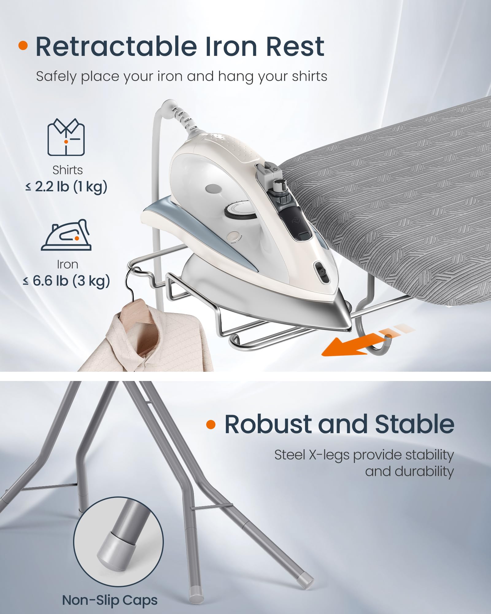 SONGMICS Ironing Board, Foldable Iron Board, Height Adjustable up to 35 Inches, with 4 Layered Cover and Pad, Iron Rest, Hook, Steel X-Legs, for Home, Laundry Room, Dorm, Dove Gray ULLB001G01 - Image 6