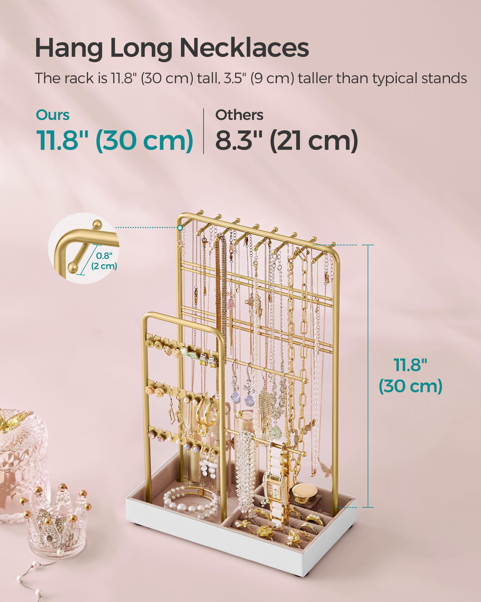 SONGMICS Set of 2 Jewelry Holders, Jewelry Organizers Display Stands with Metal Frame, Velvet Tray, Necklace Earring Bracelet Holders, for Studs, Rings, Gift Idea, Pale Gold UJJS021A01V1-2J - Image 7