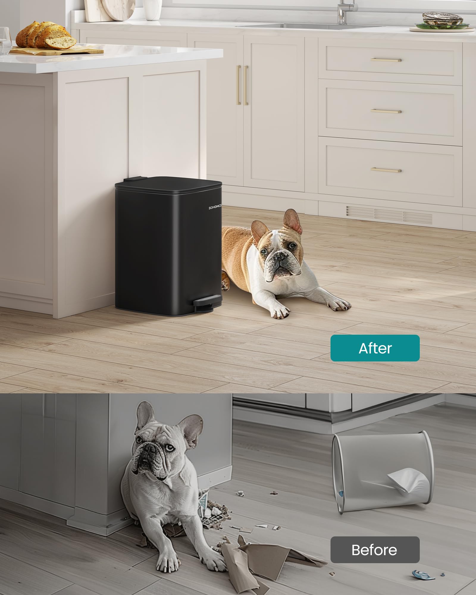 SONGMICS Kitchen Trash Can, 5.2-Gallon (20 L) Trash Bin, Stainless Steel Garbage Can, with Inner Bucket, Soft Close and Stays Open, Ink Black ULTB592B01 - Image 3