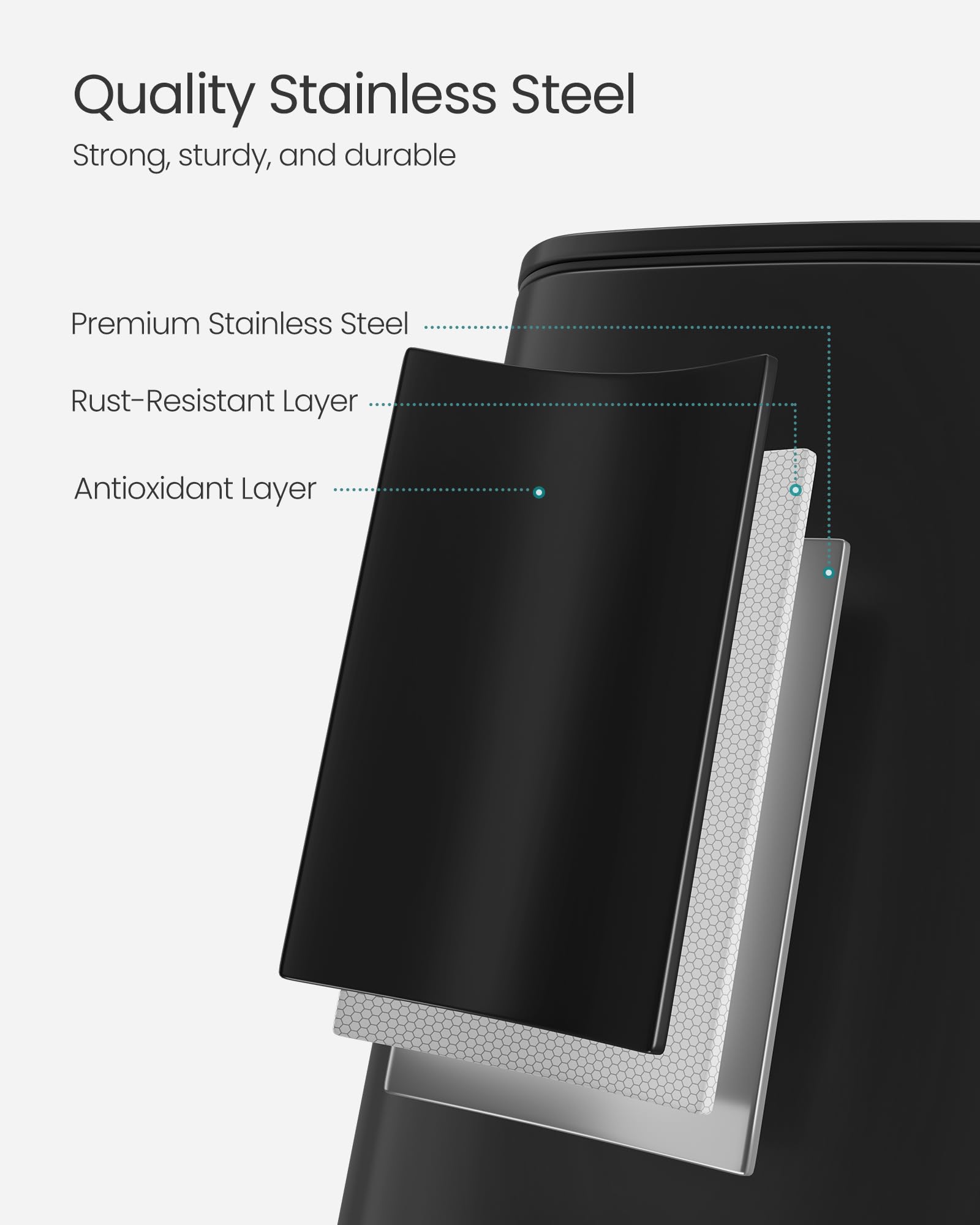 SONGMICS Kitchen Trash Can, 5.2-Gallon (20 L) Trash Bin, Stainless Steel Garbage Can, with Inner Bucket, Soft Close and Stays Open, Ink Black ULTB592B01 - Image 4
