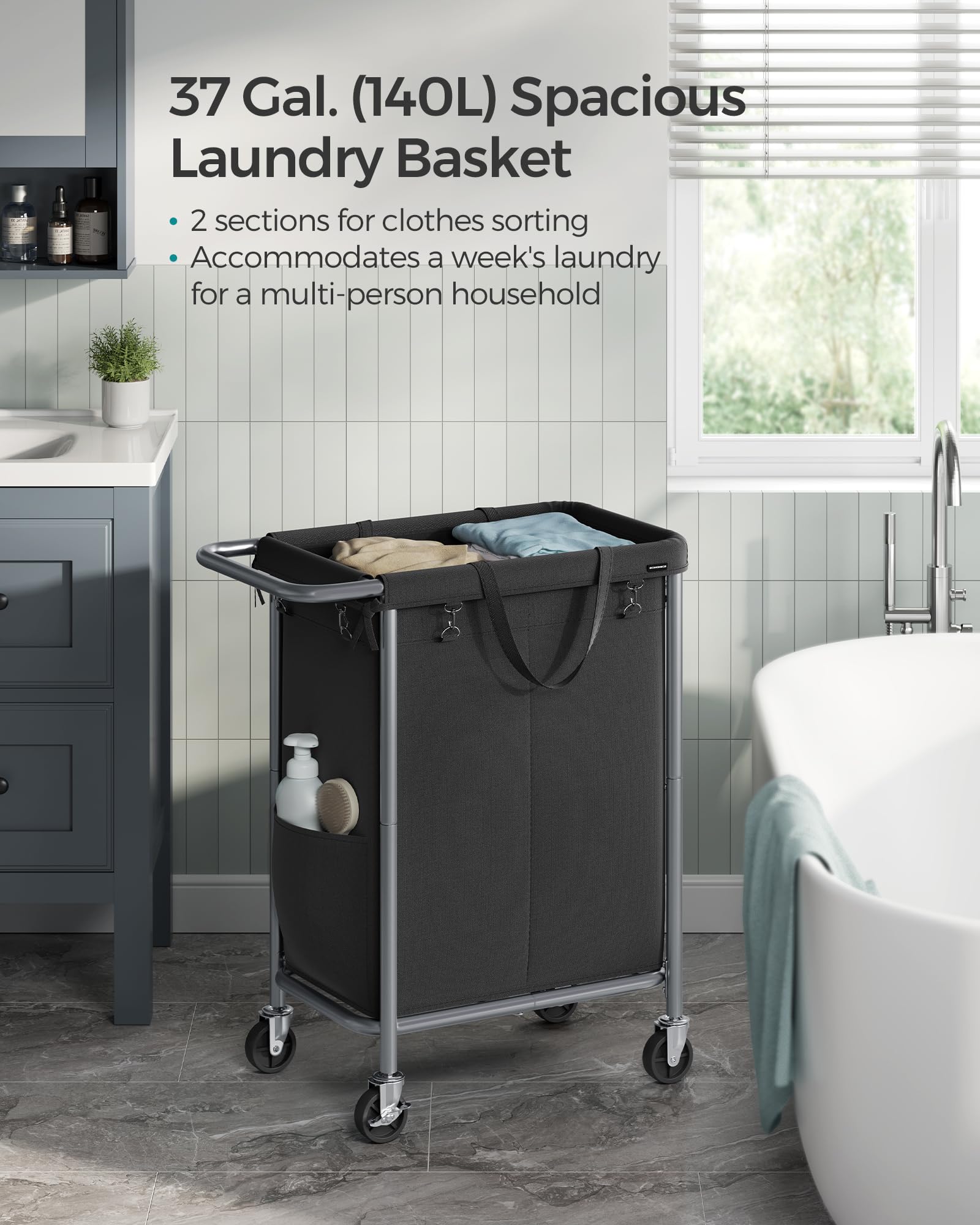 SONGMICS Laundry Basket with Wheels, 2-Section Rolling Laundry Hamper, 37 Gallons (140 L), Removable Liner, Steel Frame with Handle, 27.2 x 15.4 x 31.9 Inches, Ink Black URLS004B01 - Image 3