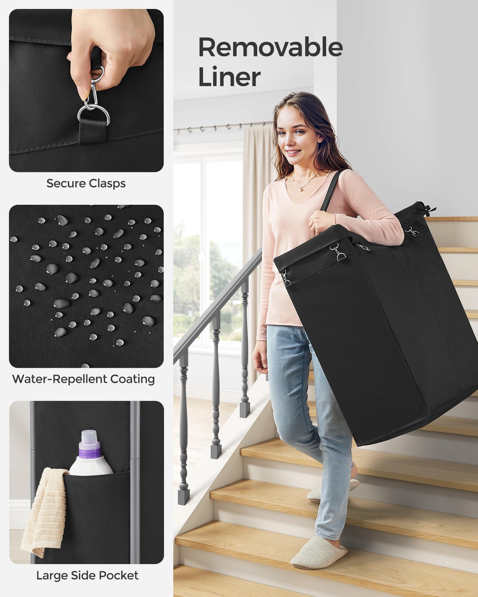 SONGMICS Laundry Basket with Wheels, 2-Section Rolling Laundry Hamper, 37 Gallons (140 L), Removable Liner, Steel Frame with Handle, 27.2 x 15.4 x 31.9 Inches, Ink Black URLS004B01 - Image 4