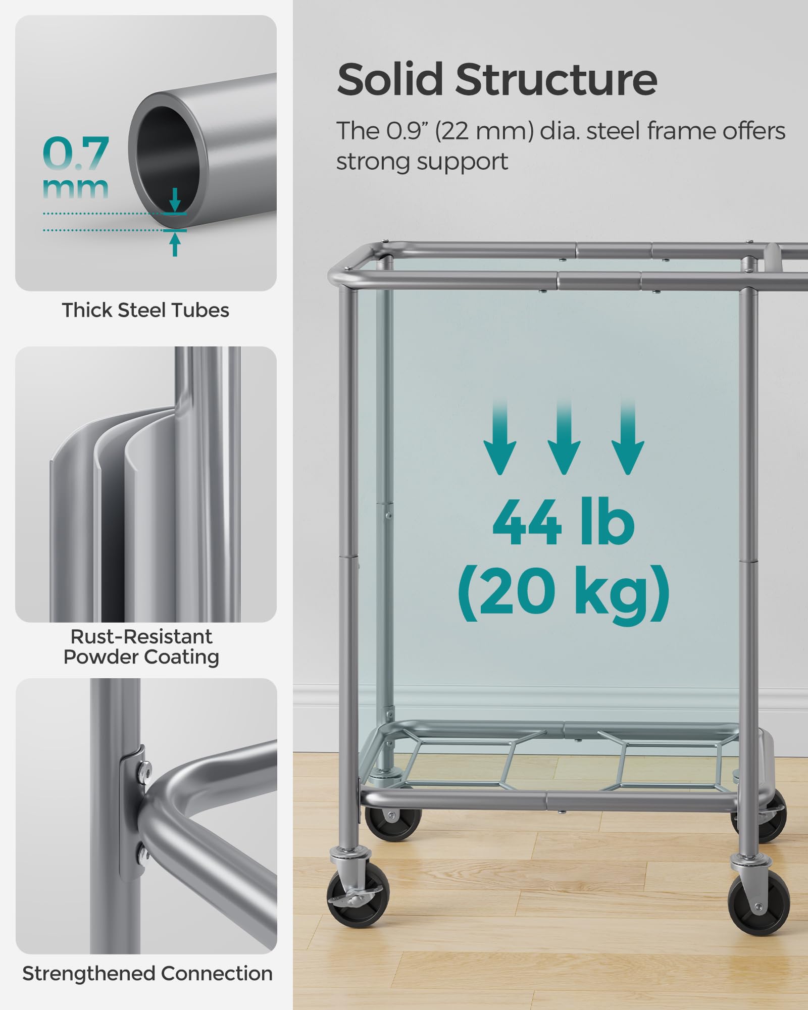 SONGMICS Laundry Basket with Wheels, 2-Section Rolling Laundry Hamper, 37 Gallons (140 L), Removable Liner, Steel Frame with Handle, 27.2 x 15.4 x 31.9 Inches, Ink Black URLS004B01 - Image 5