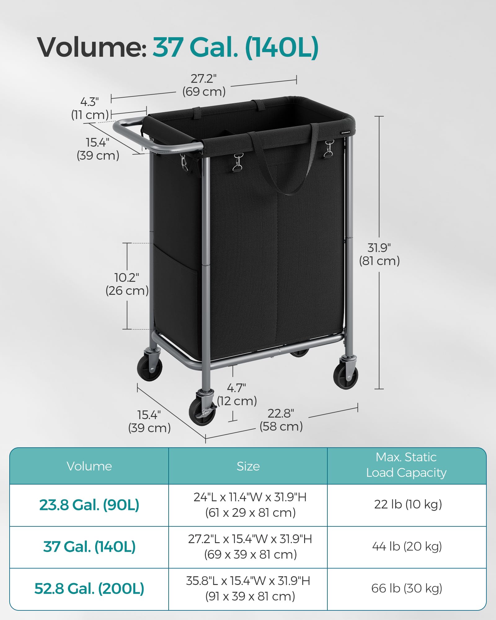 SONGMICS Laundry Basket with Wheels, 2-Section Rolling Laundry Hamper, 37 Gallons (140 L), Removable Liner, Steel Frame with Handle, 27.2 x 15.4 x 31.9 Inches, Ink Black URLS004B01 - Image 6